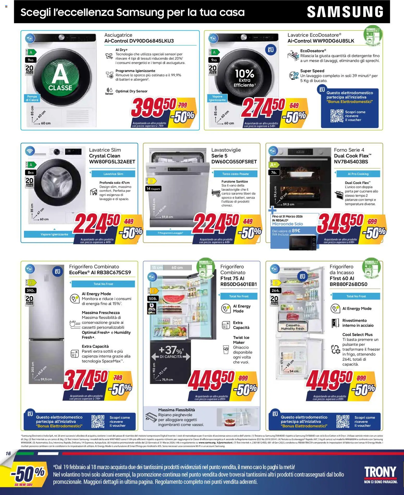 Volantino Trony del 19.02.2026 | Pagina: 16 | Prodotti: Microonde, Freezer, Lavastoviglie, Frigorifero combinato