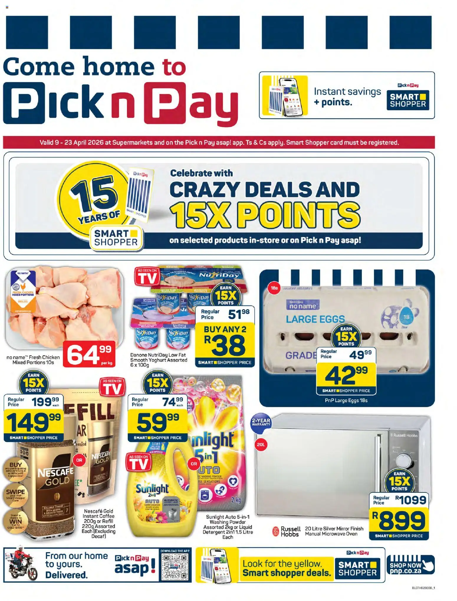 New Pick n Pay catalogue – valid from 09.04.2026 | Page: 1 | Products: Microwave, Eggs, Chicken, Washing powder