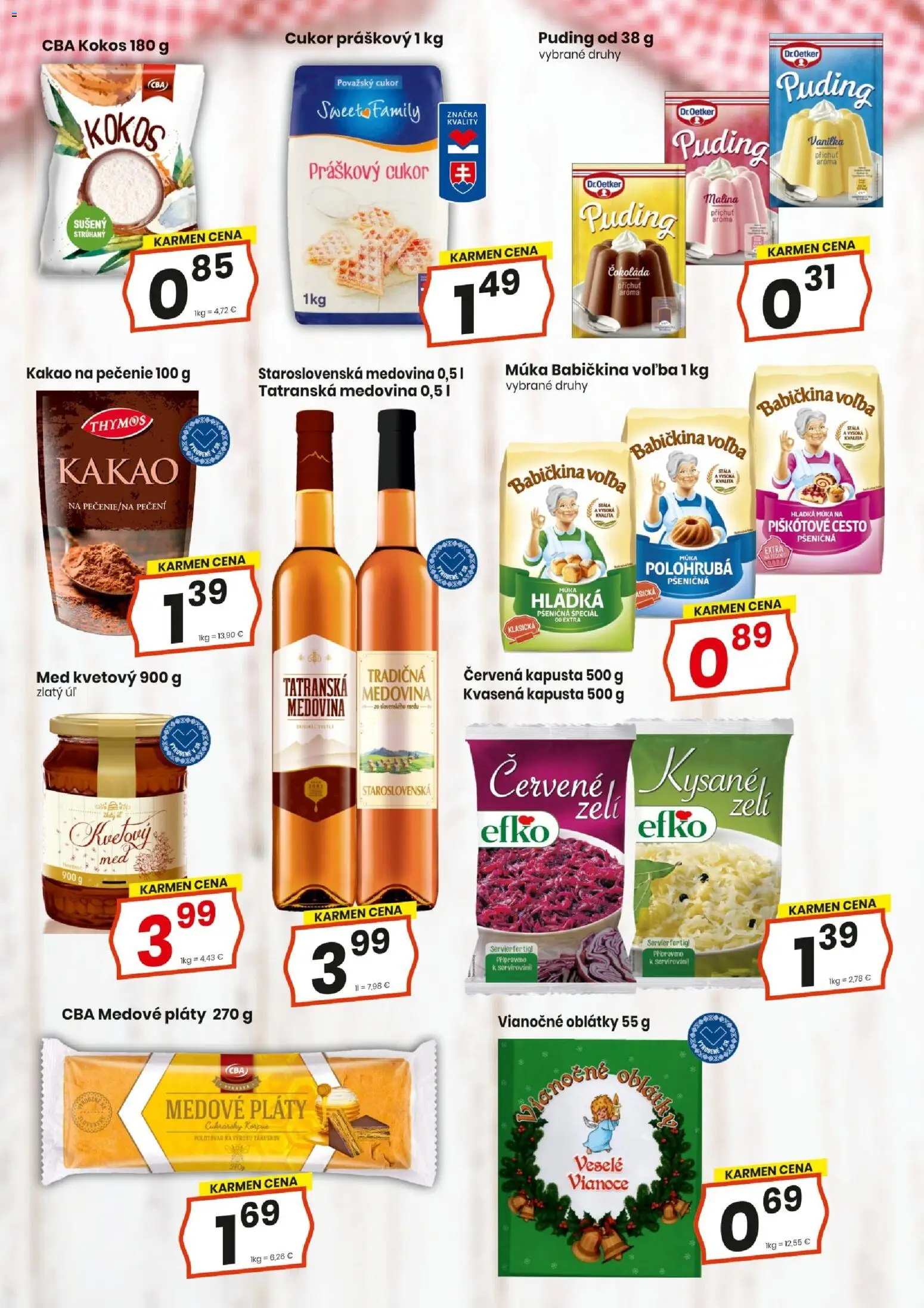 Nové KARMEN CBA akcie – leták je platný od 20.11.2025 | Strana: 4 | Produkty: Kapusta, Práškový cukor, Čokoláda, Med