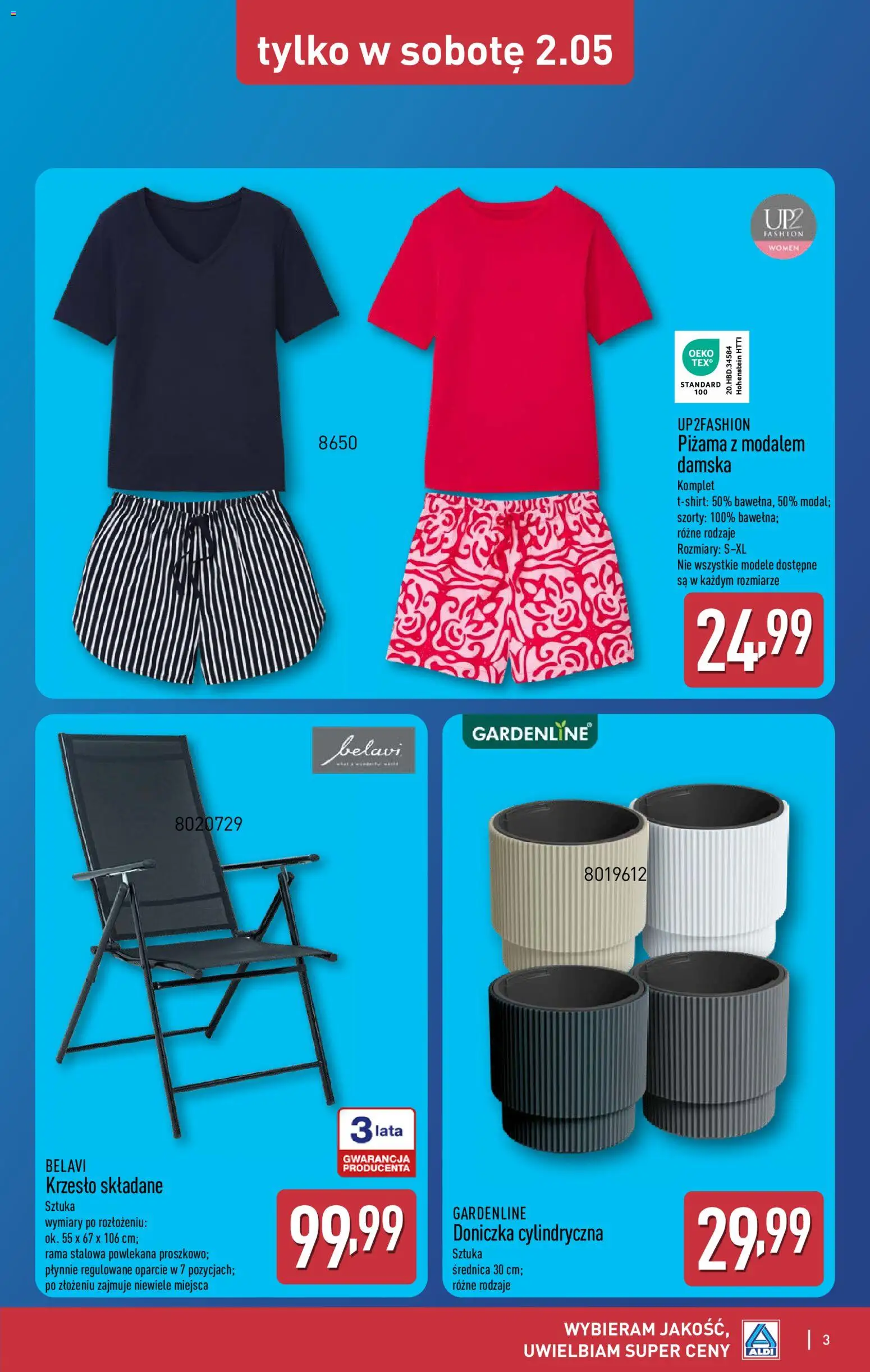 Aldi gazetka - Oferta weekendowa od 30.04.2026 | Strona: 3 | Produkty: Szorty, Piżama, Krzesło, Doniczka