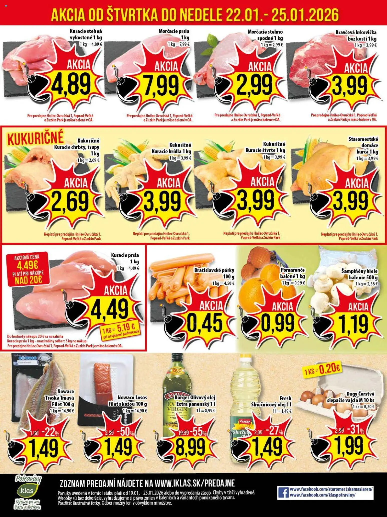 Nové Klas akcie – leták je platný od 19.01.2026 | Strana: 25 | Produkty: Pomaranče, Bravčová krkovička, Olivový olej, Kuracie stehná