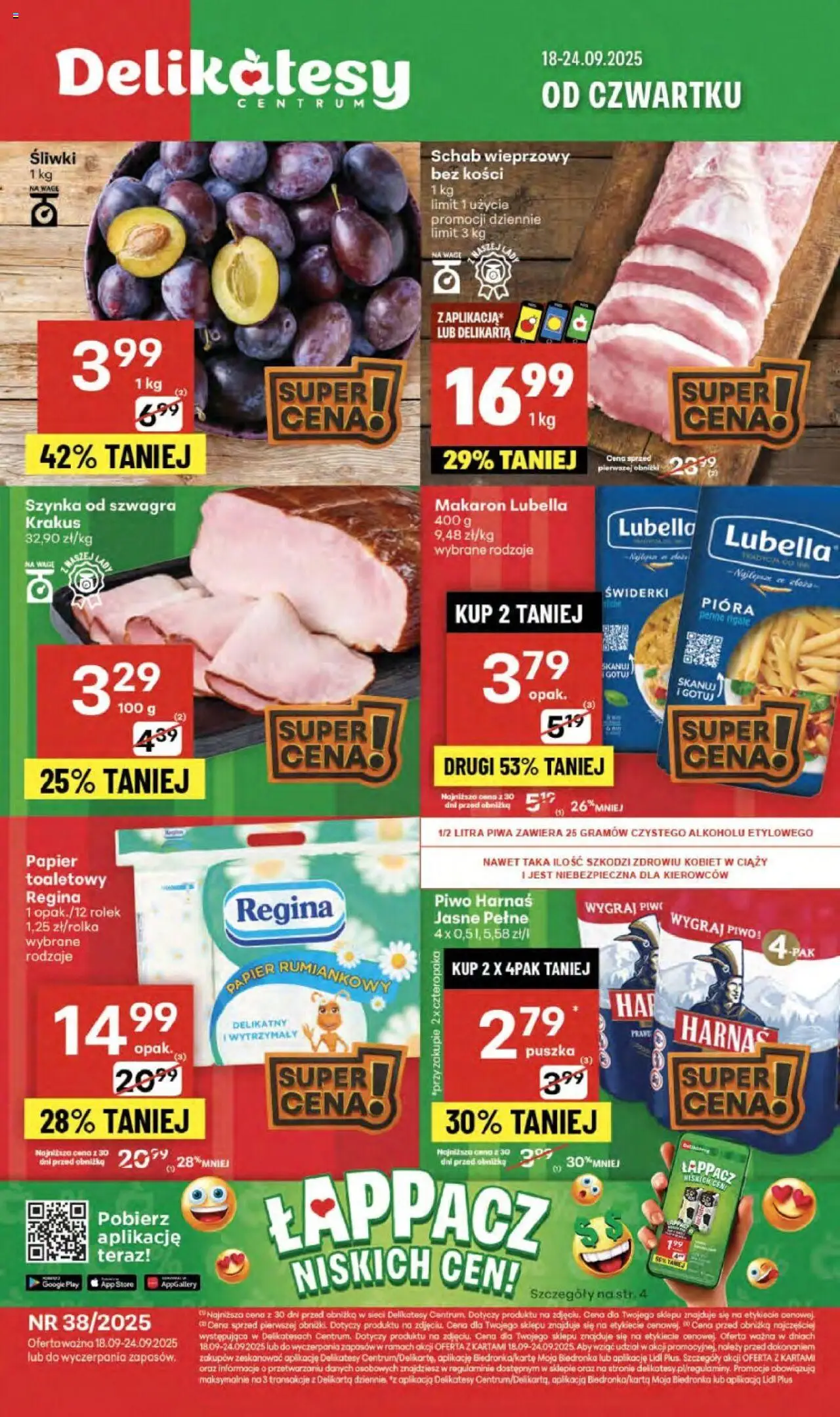 Delikatesy Centrum Gazetka od 18.09.2025 | Strona: 1 | Produkty: Schab, Szynka, Śliwki, Piwo