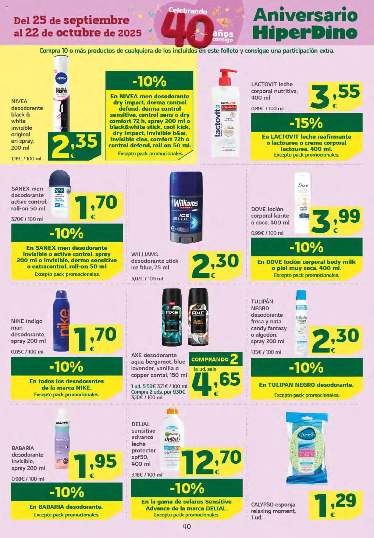 HiperDino folleto │ válido desde el 25.09.2025 | Página: 40 | Productos: Desodorante, Leche, Loción corporal, Body