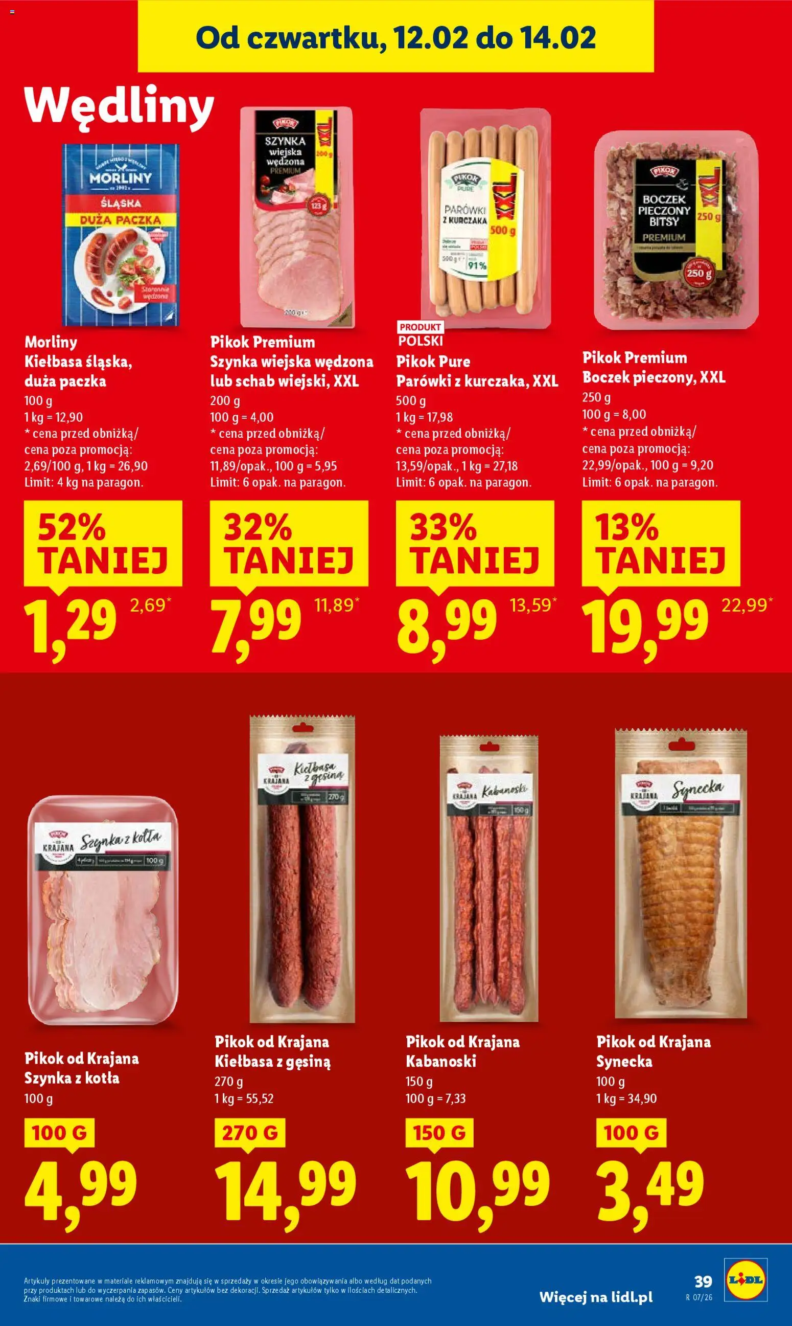 Lidl Gazetka od 12.02.2026 | Strona: 39 | Produkty: Kiełbasa, Schab, Boczek, Wędliny