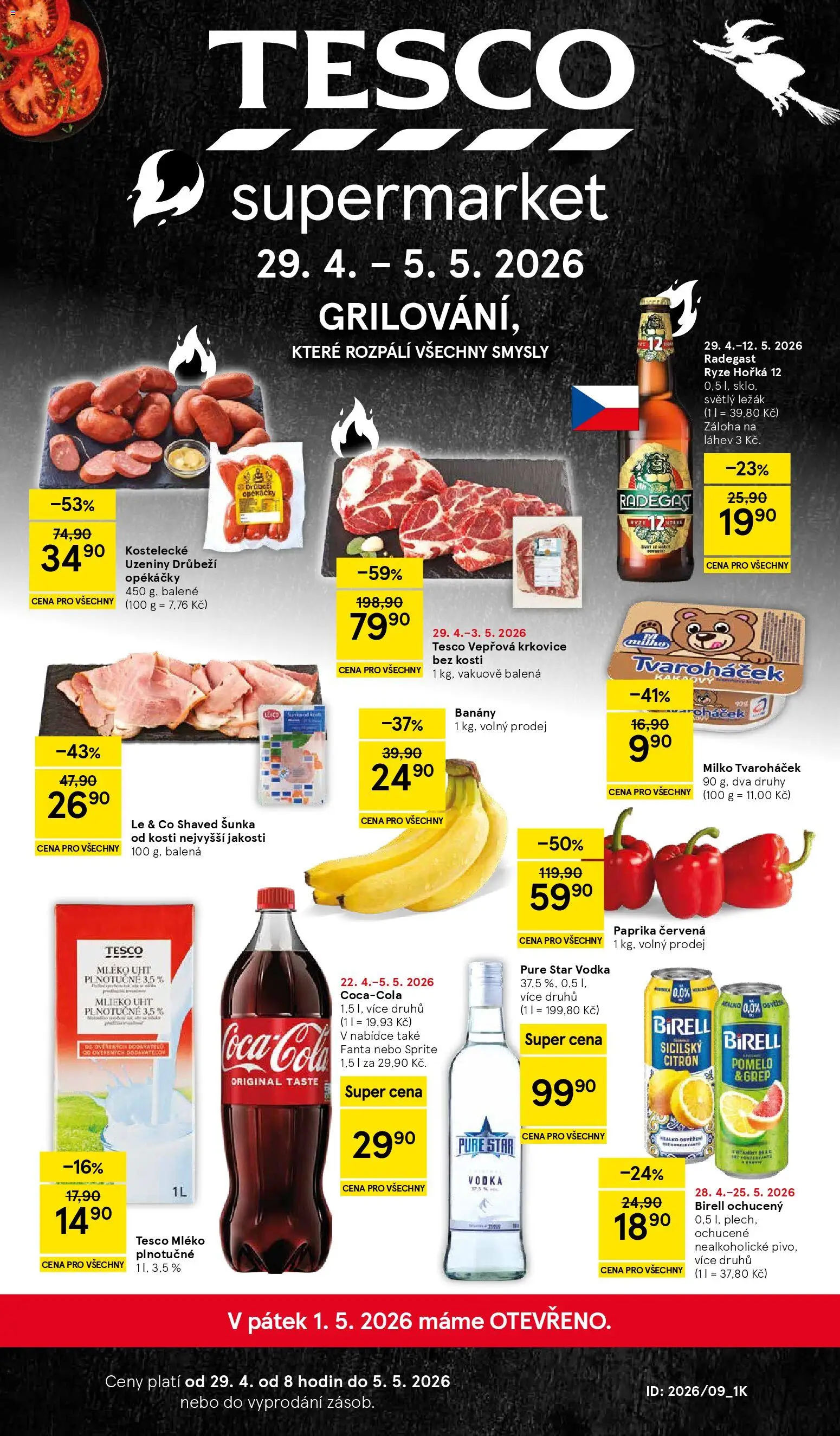 Tesco leták - Supermarket od 29.04.2026 | Strana: 1 | Produkty: Banány, Plech, Uzeniny, Krkovice bez kosti