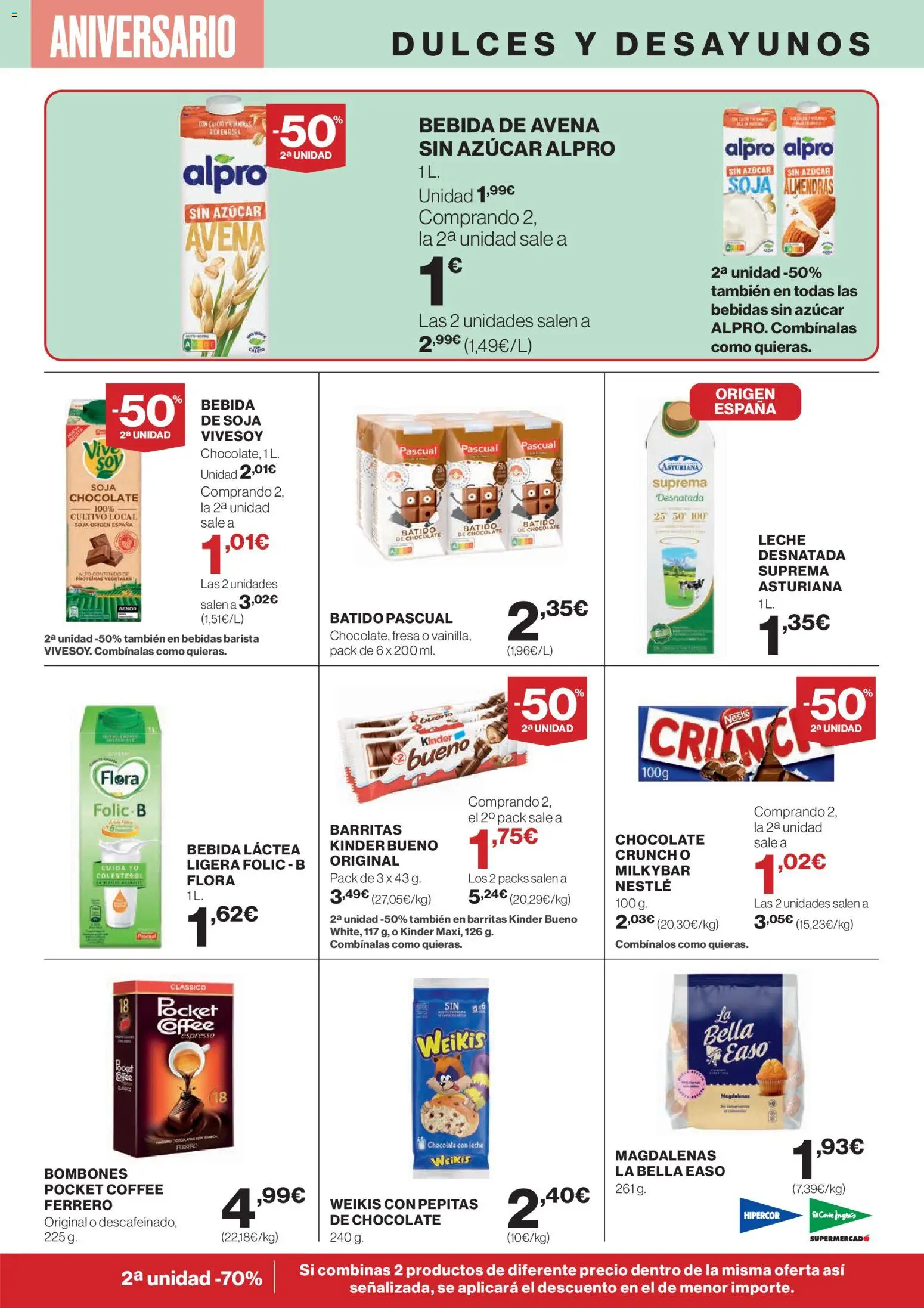 Hipercor catálogo │ válido desde el 23.10.2025 | Página: 21 | Productos: Leche, Magdalenas, Chocolate con leche, Bebida de avena