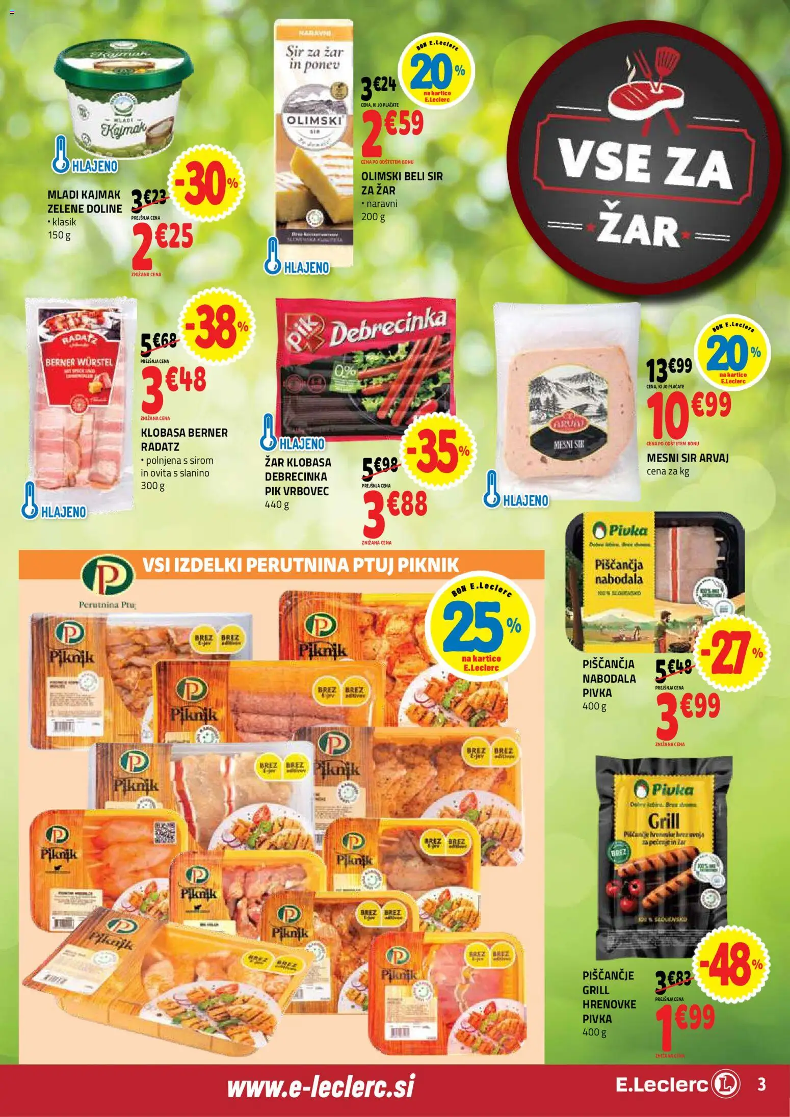 Novi E.leclerc katalog ponudbe – veljaven od 22.04.2026 | Stran: 3 | Izdelki: Hrenovke, Zar, Kajmak, Nabodala