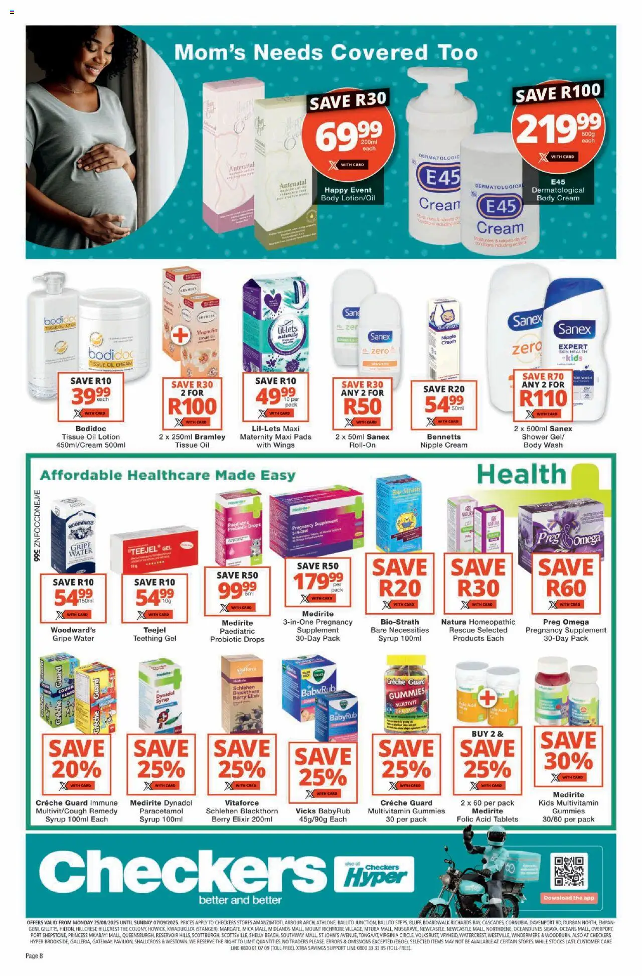 Checkers KwaZulu-Natal - Baby Promotion │ valid from 25.08.2025 | Page: 8 | Products: Shower, Pads, Oil, Lotion