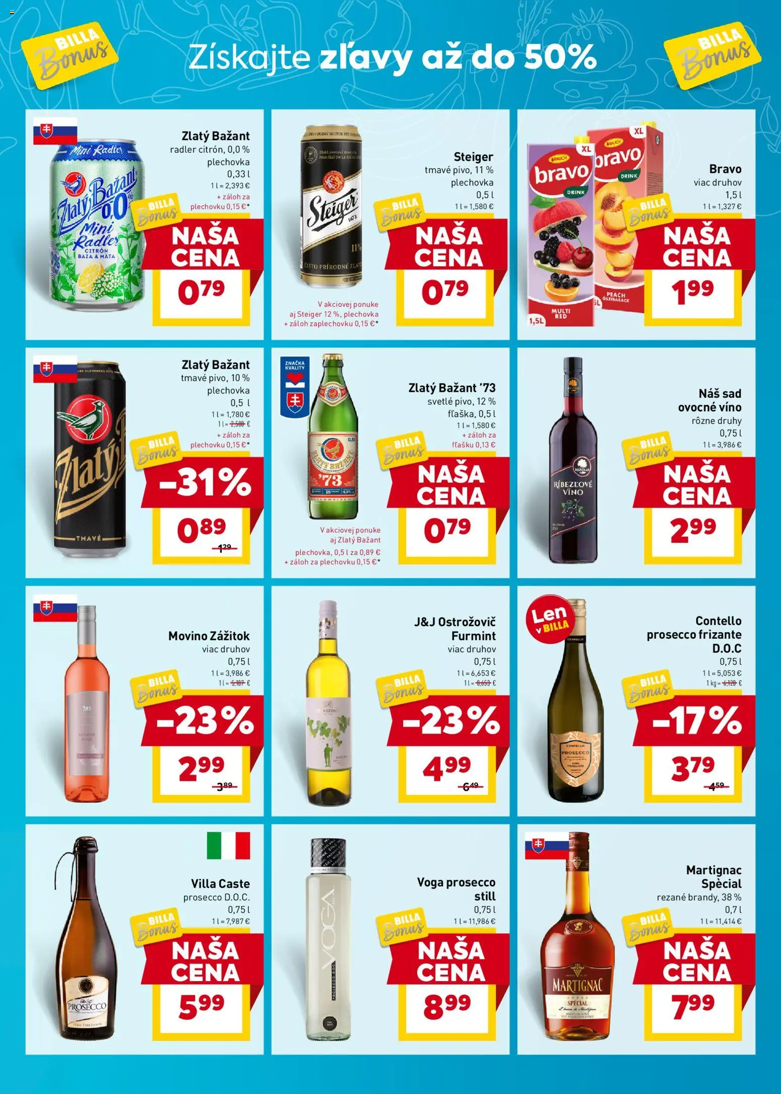 Nové Billa akcie – leták je platný od 29.10.2025 | Strana: 9 | Produkty: Prosecco, Radler, Zlatý Bažant, Steiger