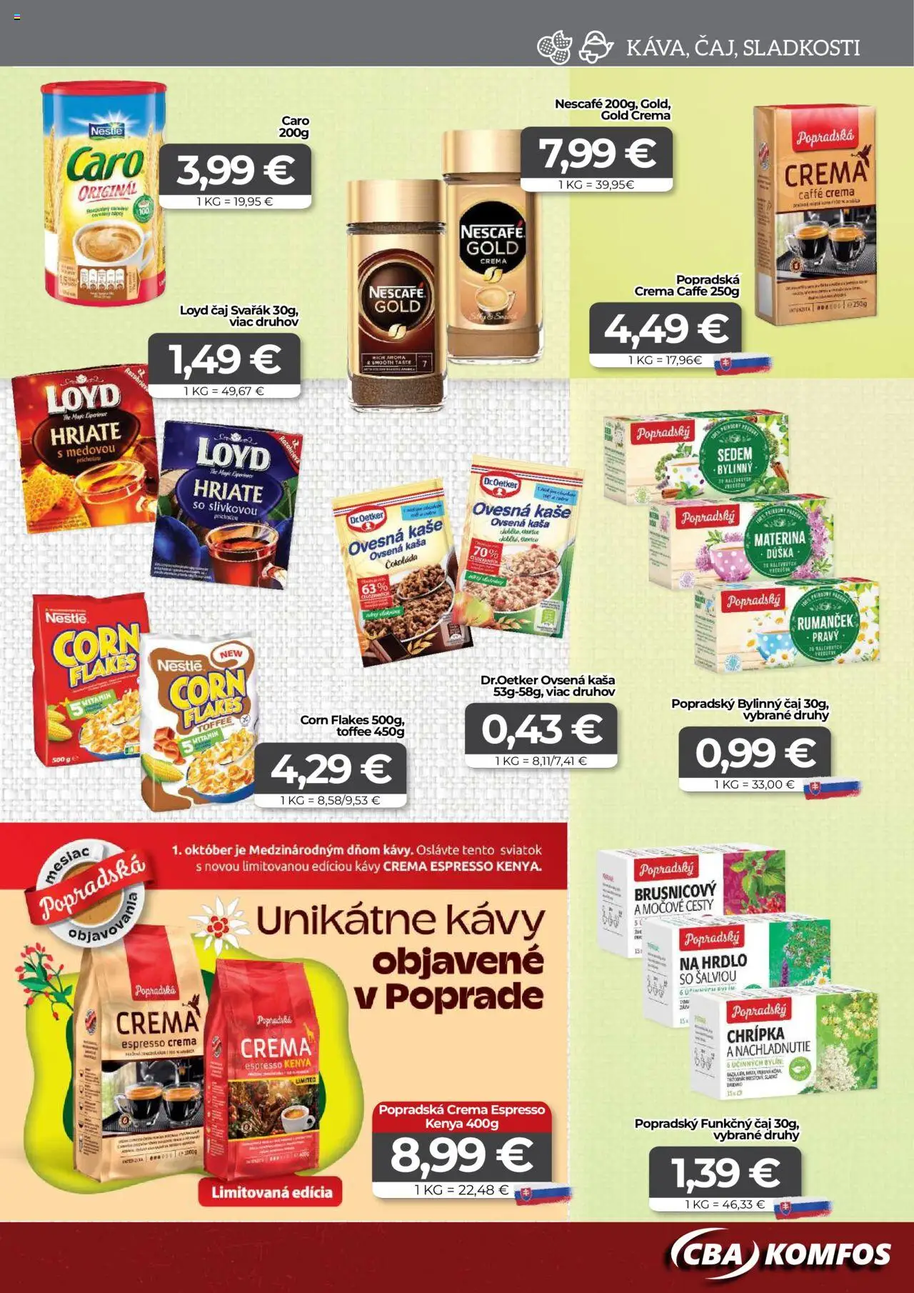 Nové CBA Komfos akcie – leták je platný od 23.10.2025 | Strana: 9 | Produkty: Čaj, Čokoláda, Caro