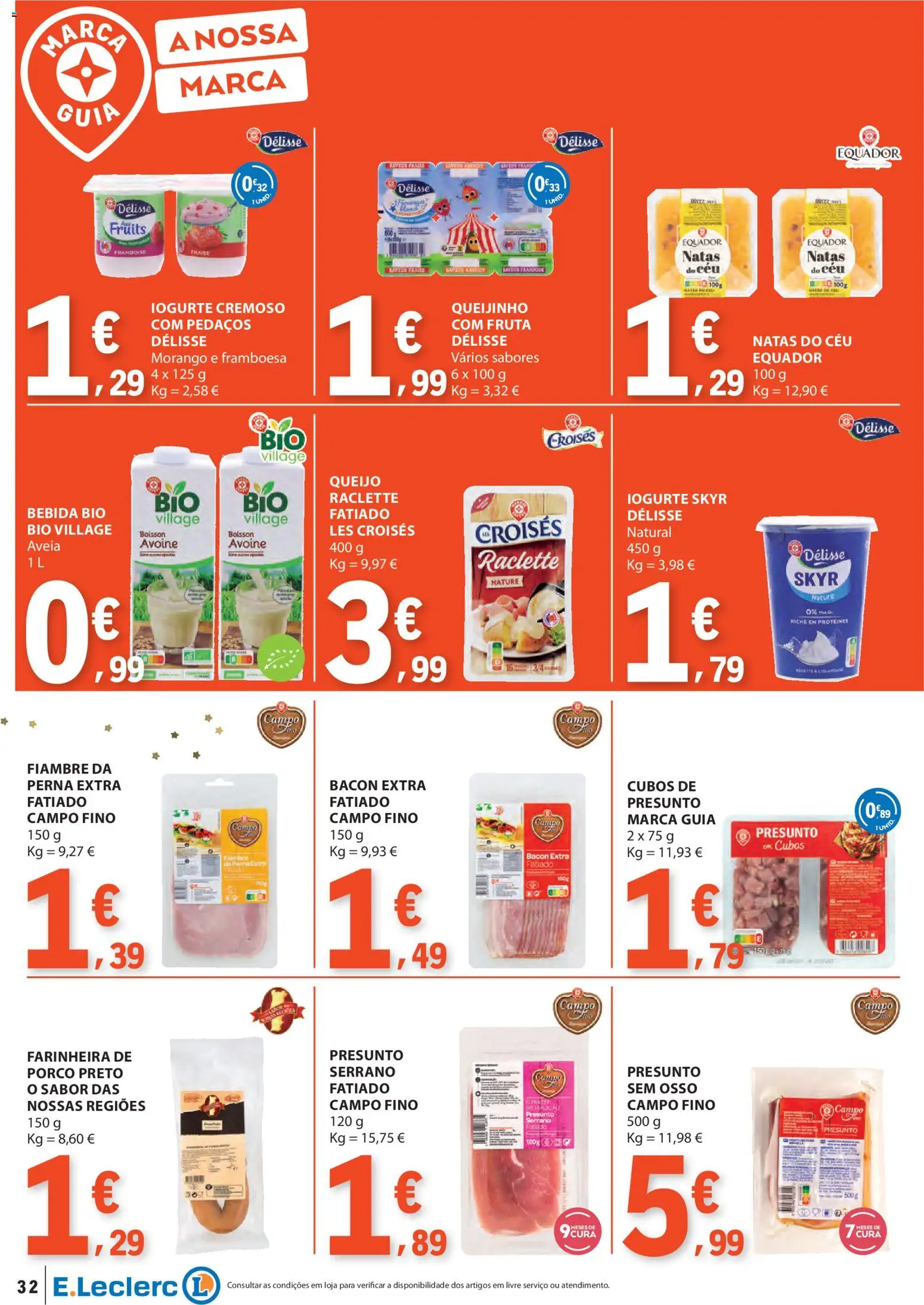 E.Leclerc folheto │ válido de 06.11.2025 | Página: 32 | Produtos: Bacon, Queijo, Natas, Bebida