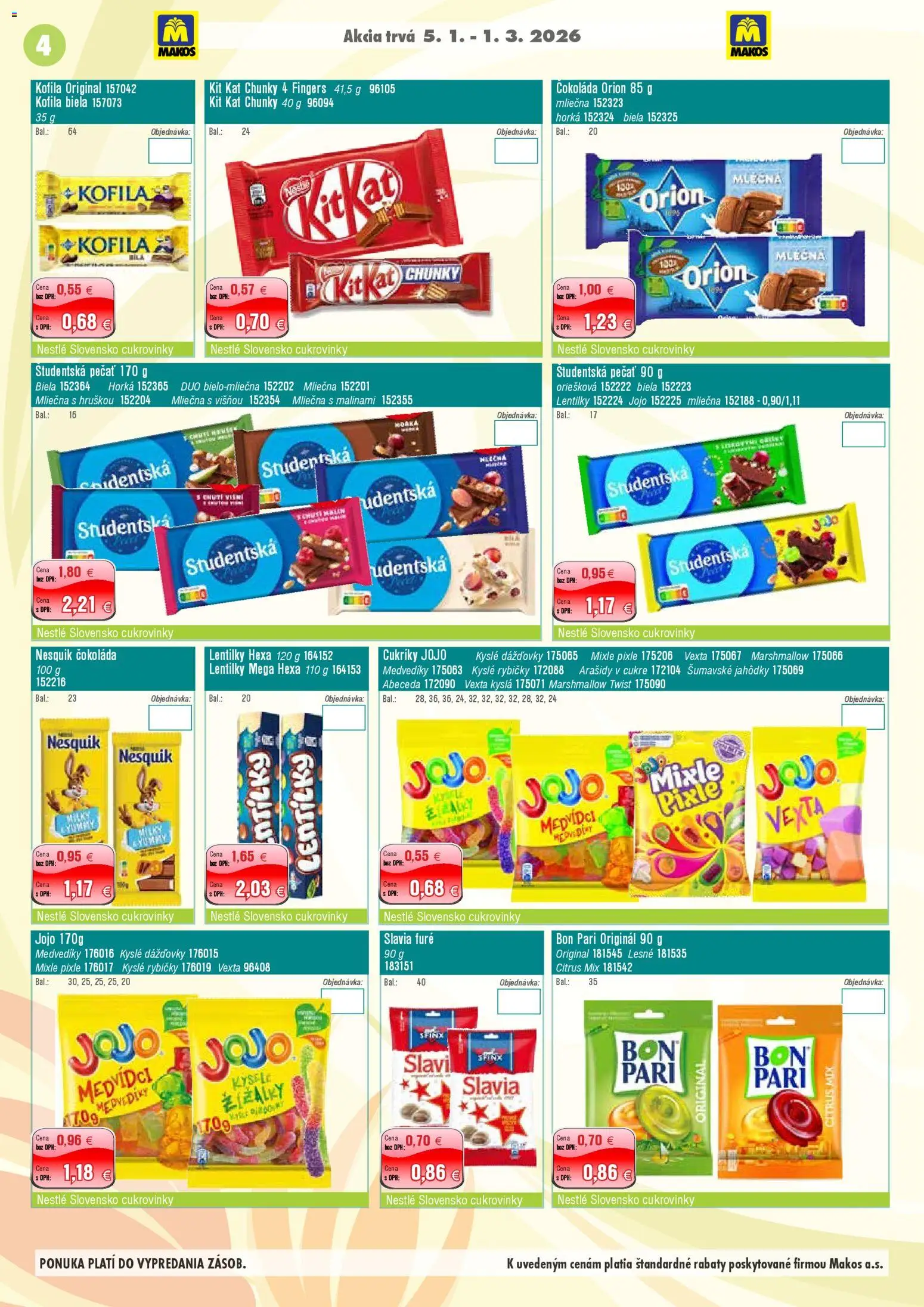 Nové Makos akcie – leták je platný od 05.01.2026 | Strana: 4 | Produkty: Čokoláda, Cukríky, Študentská pečať, Arašidy