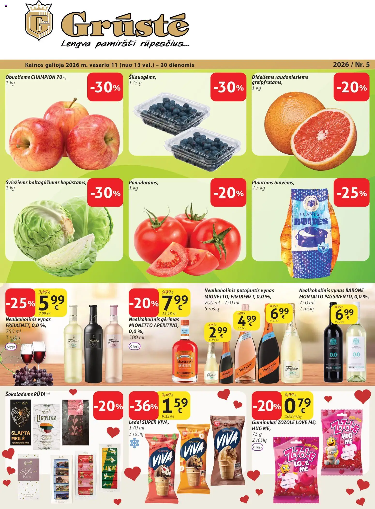 GRUSTE akcijos nuo 11.02.2026 | Puslapis: 1 | Prekių: Ledai, Nealkoholinis vynas, Vynas, Guminukai