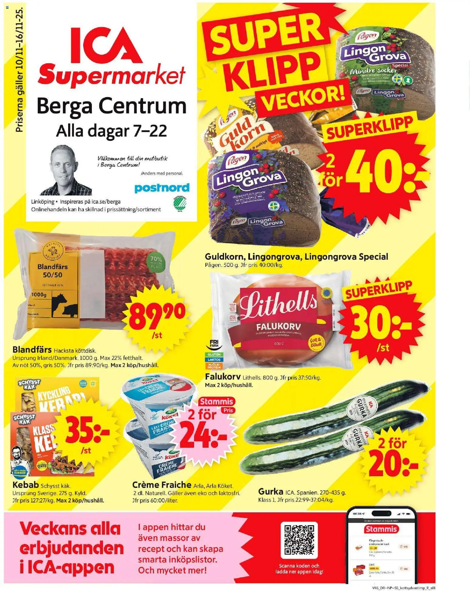 ICA Supermarket reklamblad aktuell från 10.11.2025 | Sida: 1 | Produkter: Galler, Blandfärs, Creme fraiche, Mjölk