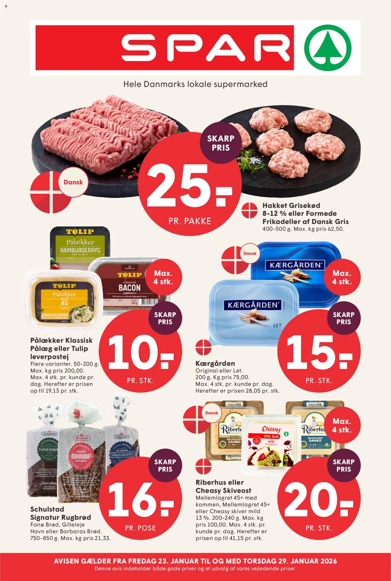 Spar tilbudsavis – gyldig fra 23.01.2026 | Side: 1 | Produkter: Brød, Leverpostej, Frikadeller, Bacon