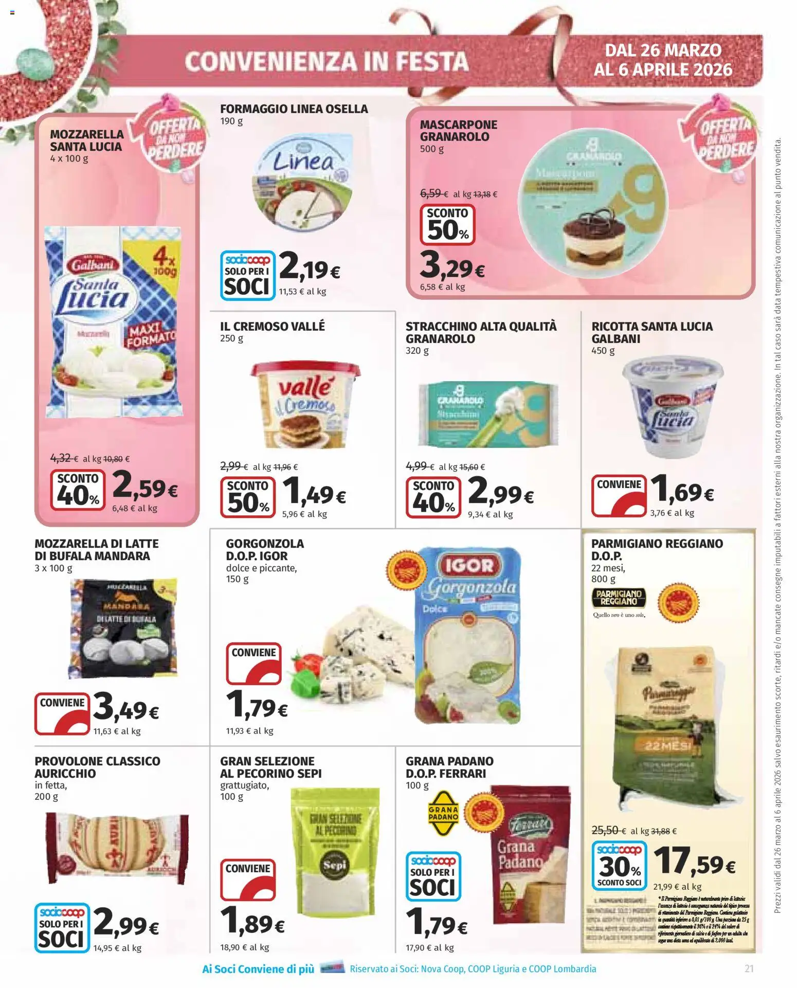 Volantino Ipercoop del 26.03.2026 | Pagina: 21 | Prodotti: Mozzarella, Grana Padano, Mascarpone, Parmigiano reggiano