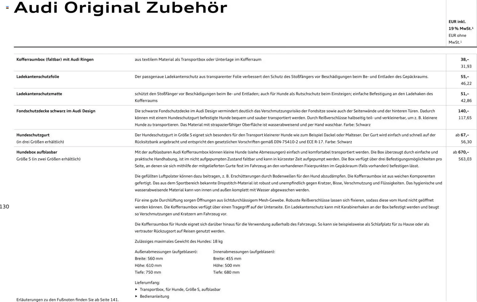 Audi Q3 – gültig ab 29.01.2026 | Seite: 130 | Produkte: Gewicht, Box, Wasser