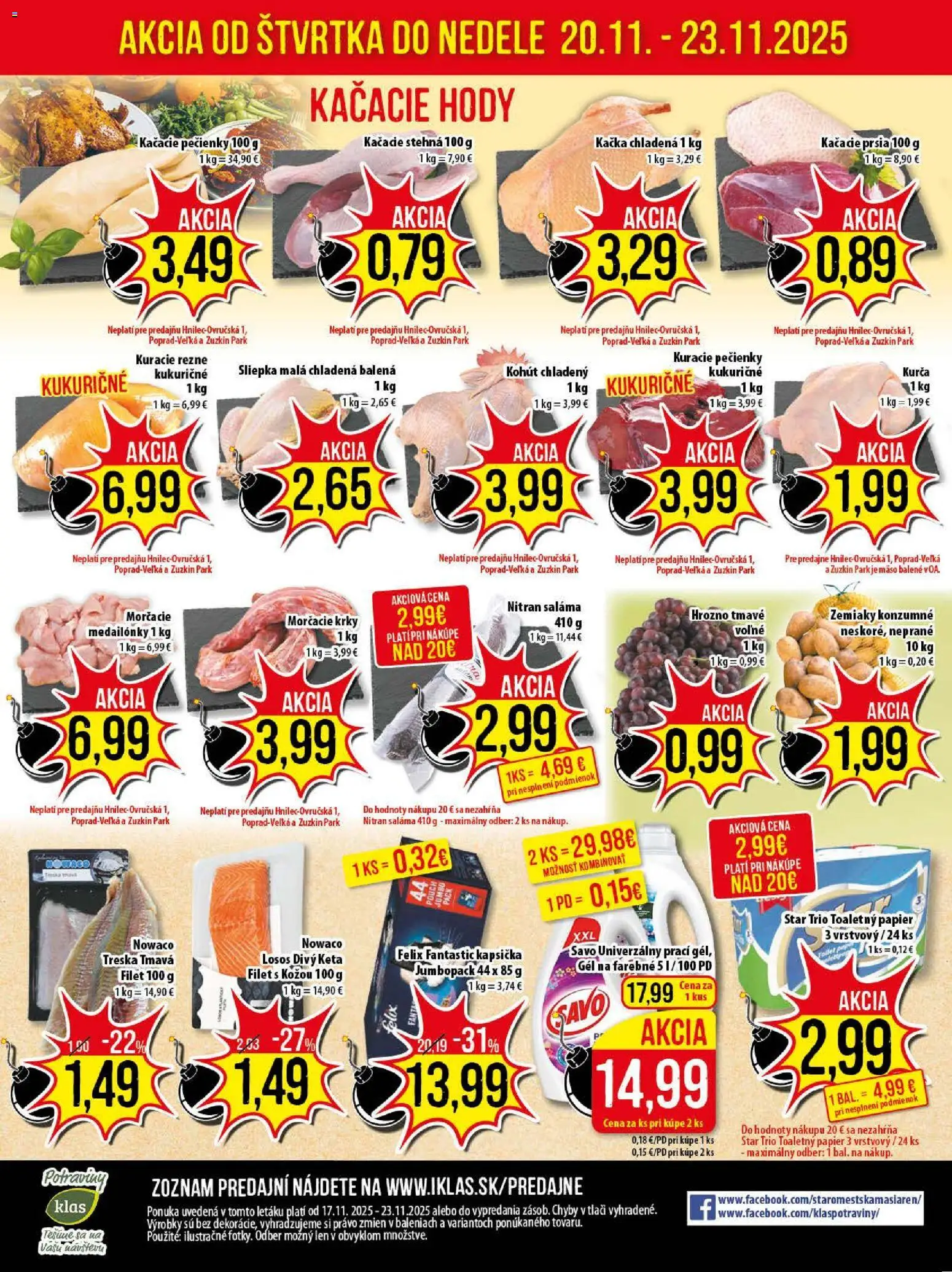 Nové Klas akcie – leták je platný od 17.11.2025 | Strana: 25 | Produkty: Kačacie prsia, Savo, Losos, Kačka