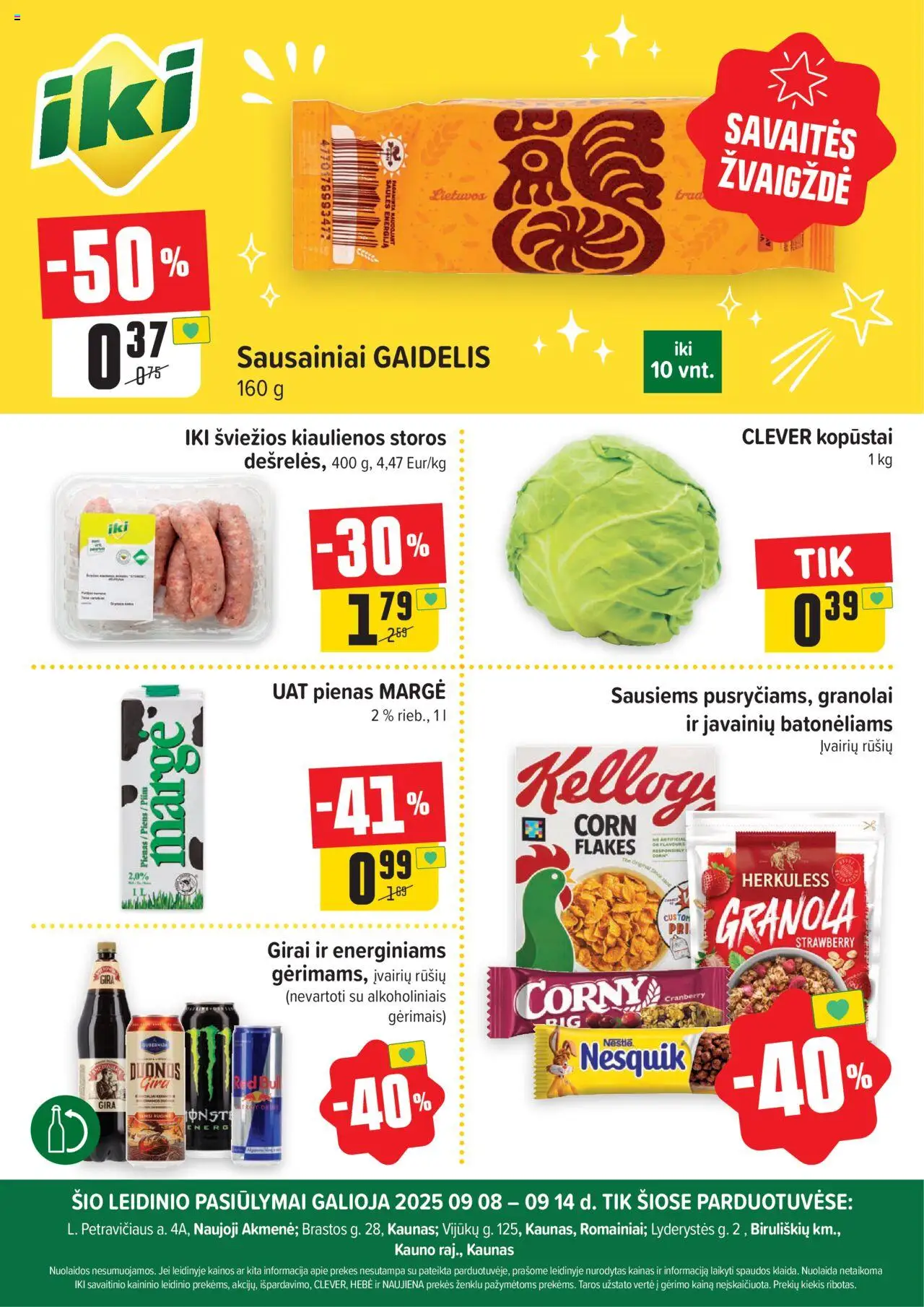 IKI akcijos nuo 08.09.2025 | Puslapis: 1 | Prekių: Sausainiai, Kiaulienos, Pienas