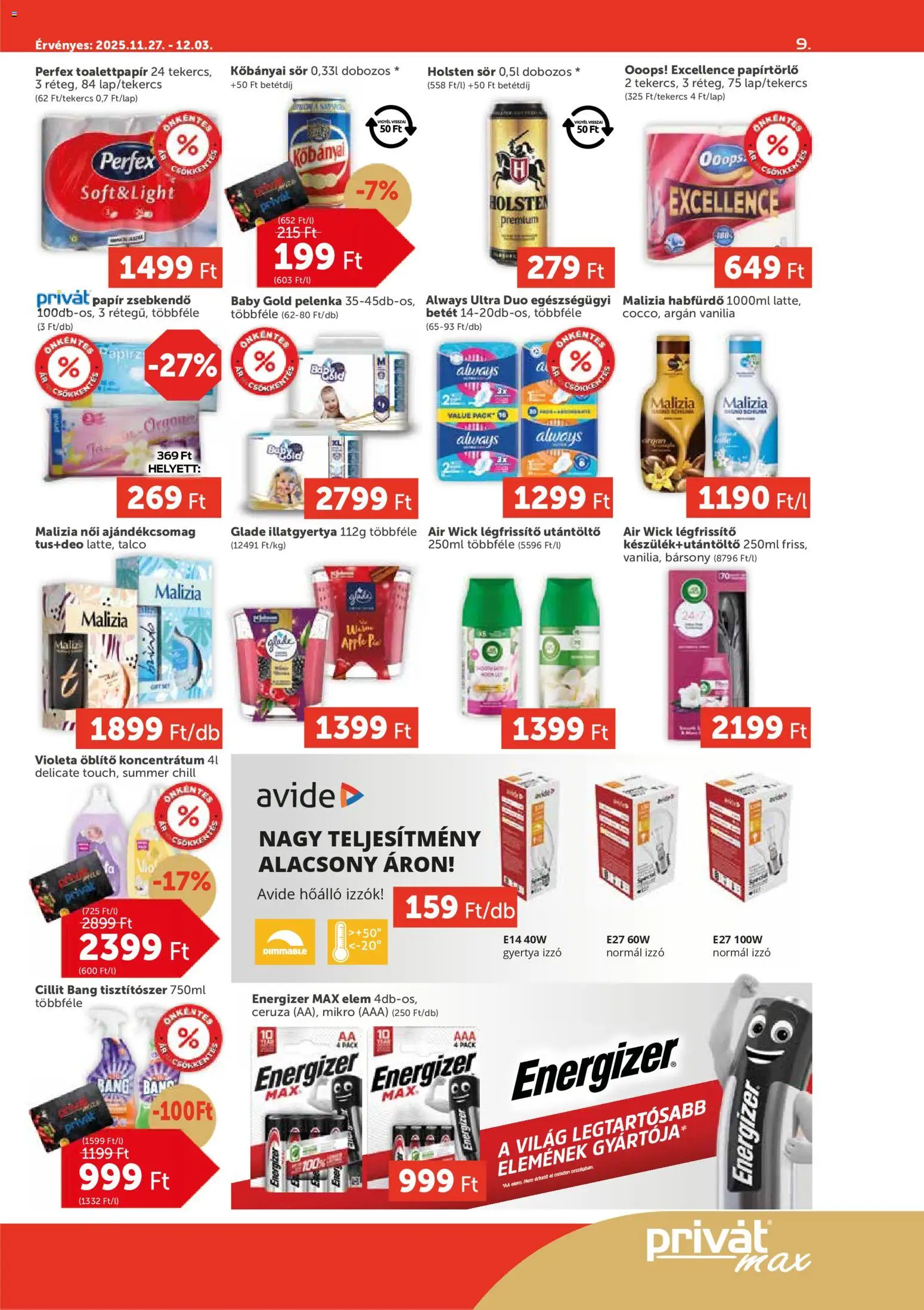 PRIVÁT akciós ujság - amely érvényes a következő dátumtól: 27.11.2025 | Oldal: 9 | Termékek: Izzó, Habfürdő, Pelenka, Sör