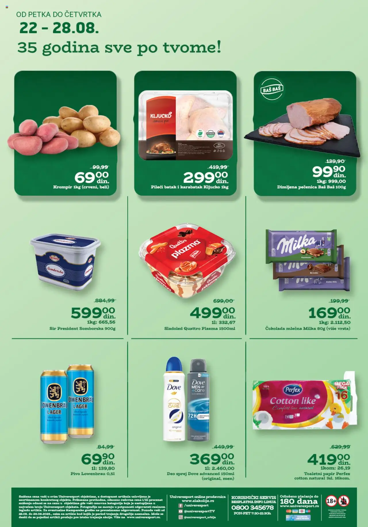 Univerexport katalog - važi od 22.08.2025 | Strana: 1 | Proizvode: Milka, Krompir, Pileći batak, Sir