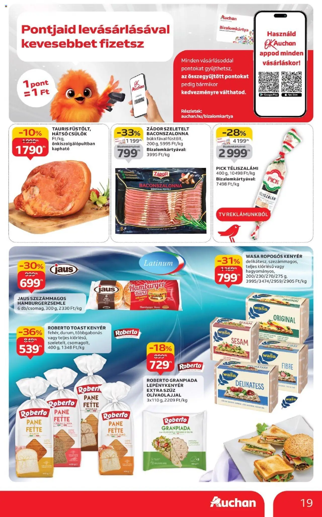 Auchan akciós ujság - amely érvényes a következő dátumtól: 04.09.2025 | Oldal: 19 | Termékek: Hamburger, Gluténmentes, Toast kenyér, Téliszalámi