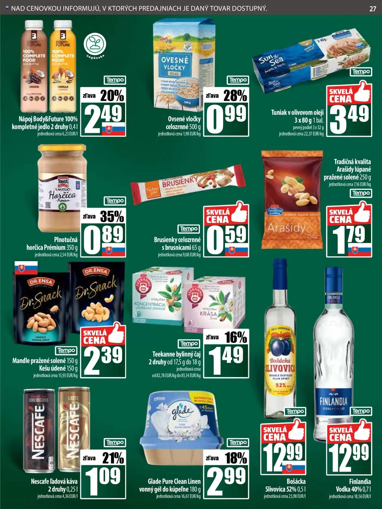 COOP Jednota leták │ platný od 24.07.2025 | Strana: 27 | Produkty: Tuniak, Teekanne, Finlandia, Mandle