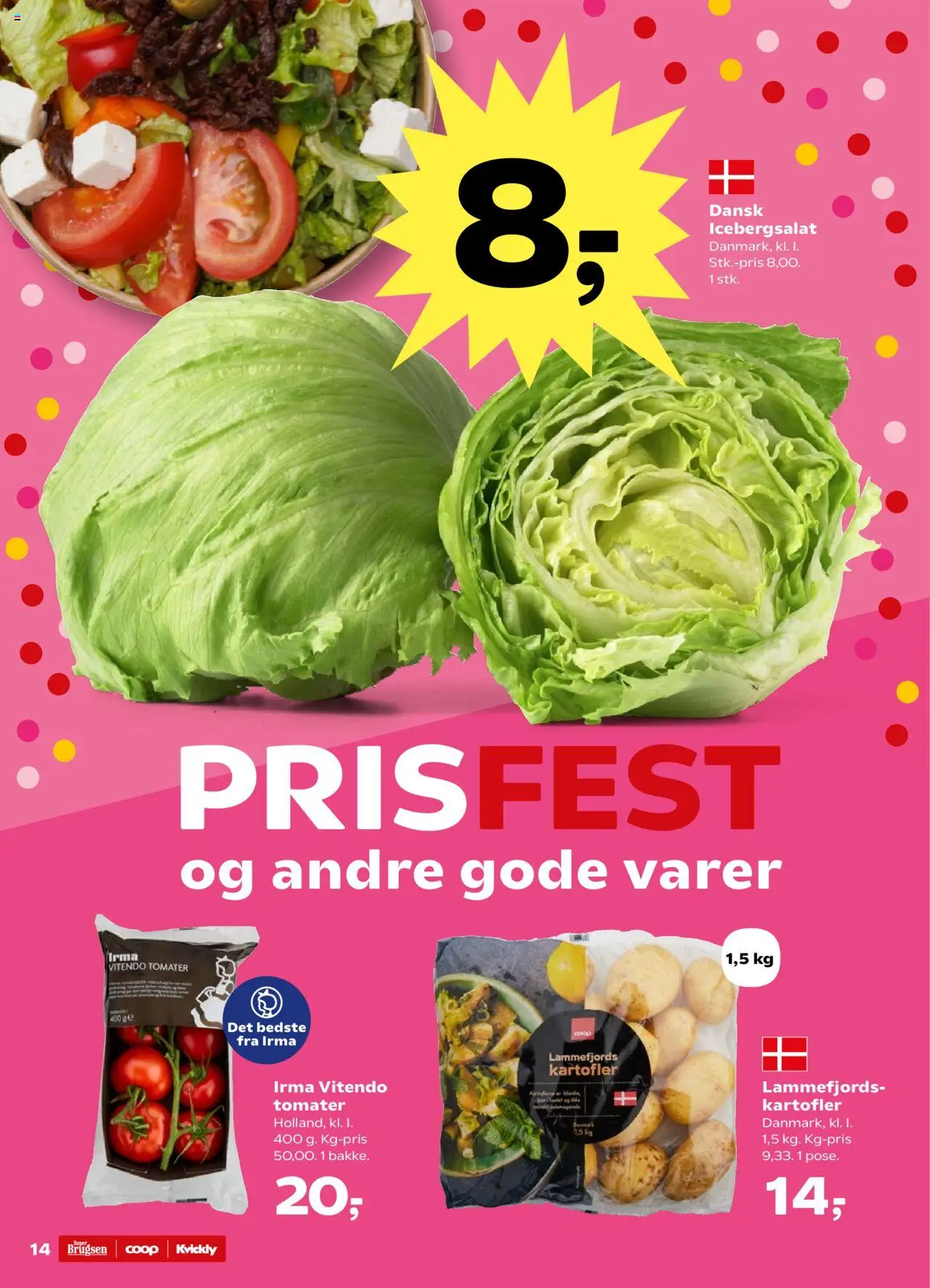 Super Brugsen Tilbudsavis gyldig fra 22.08.2025 | Side: 14 | Produkter: Tomater, Kartofler, Icebergsalat