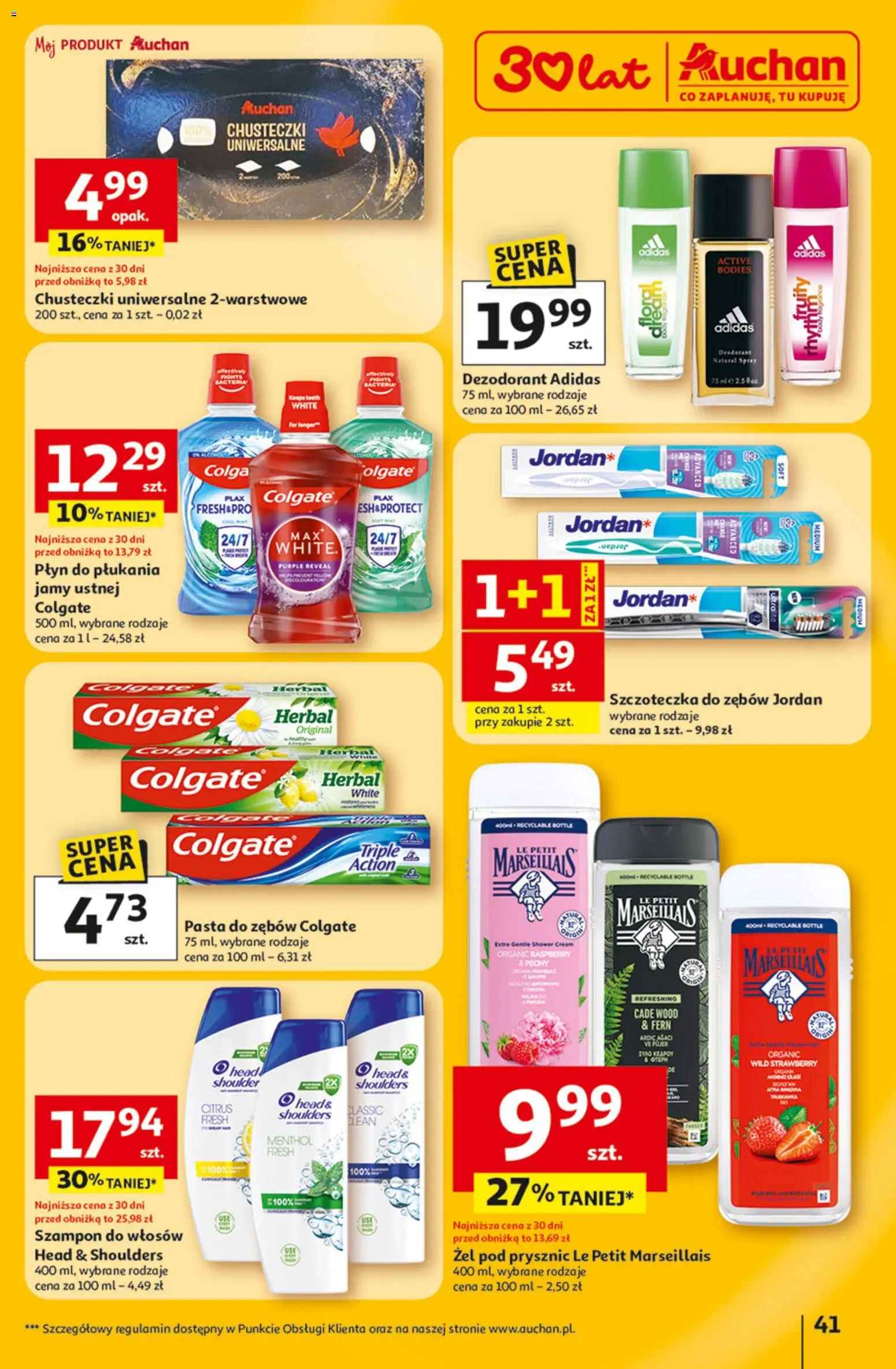 Auchan gazetka - 30 Lat Hipermarket od 23.04.2026 | Strona: 41 | Produkty: Prysznic, Szampon, Żel pod prysznic, Szczoteczka do zębów