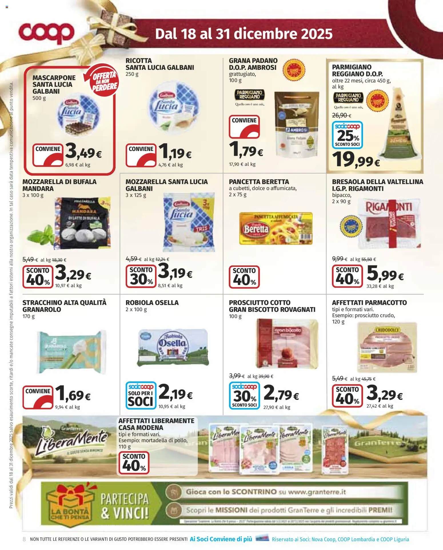Volantino COOP del 18.12.2025 | Pagina: 8 | Prodotti: Prosciutto, Mortadella, Grana Padano, Parmigiano