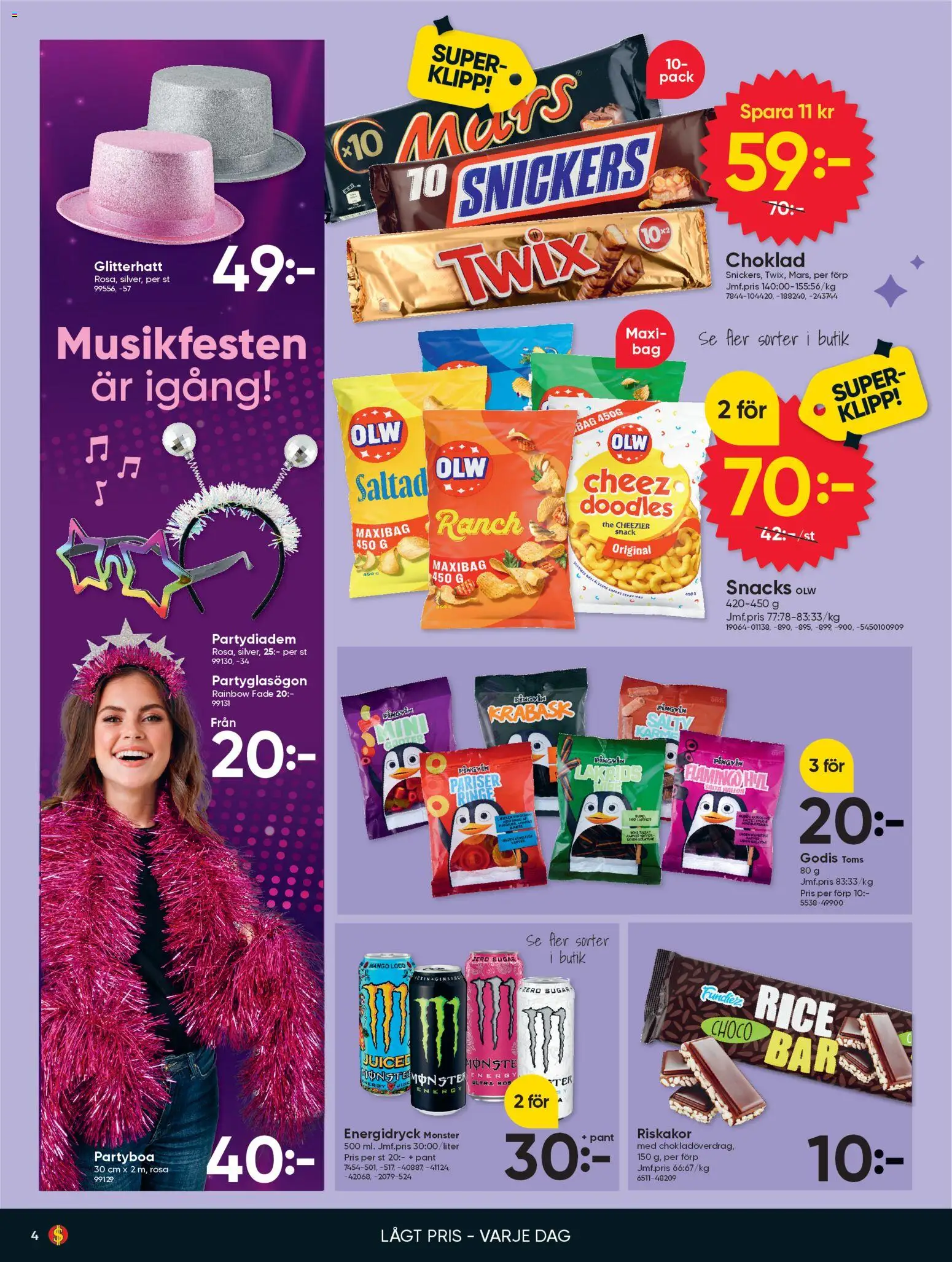 Dollar Store reklamblad aktuell från 23.02.2026 | Sida: 4 | Produkter: Choklad, Energidryck, Riskakor, Godis
