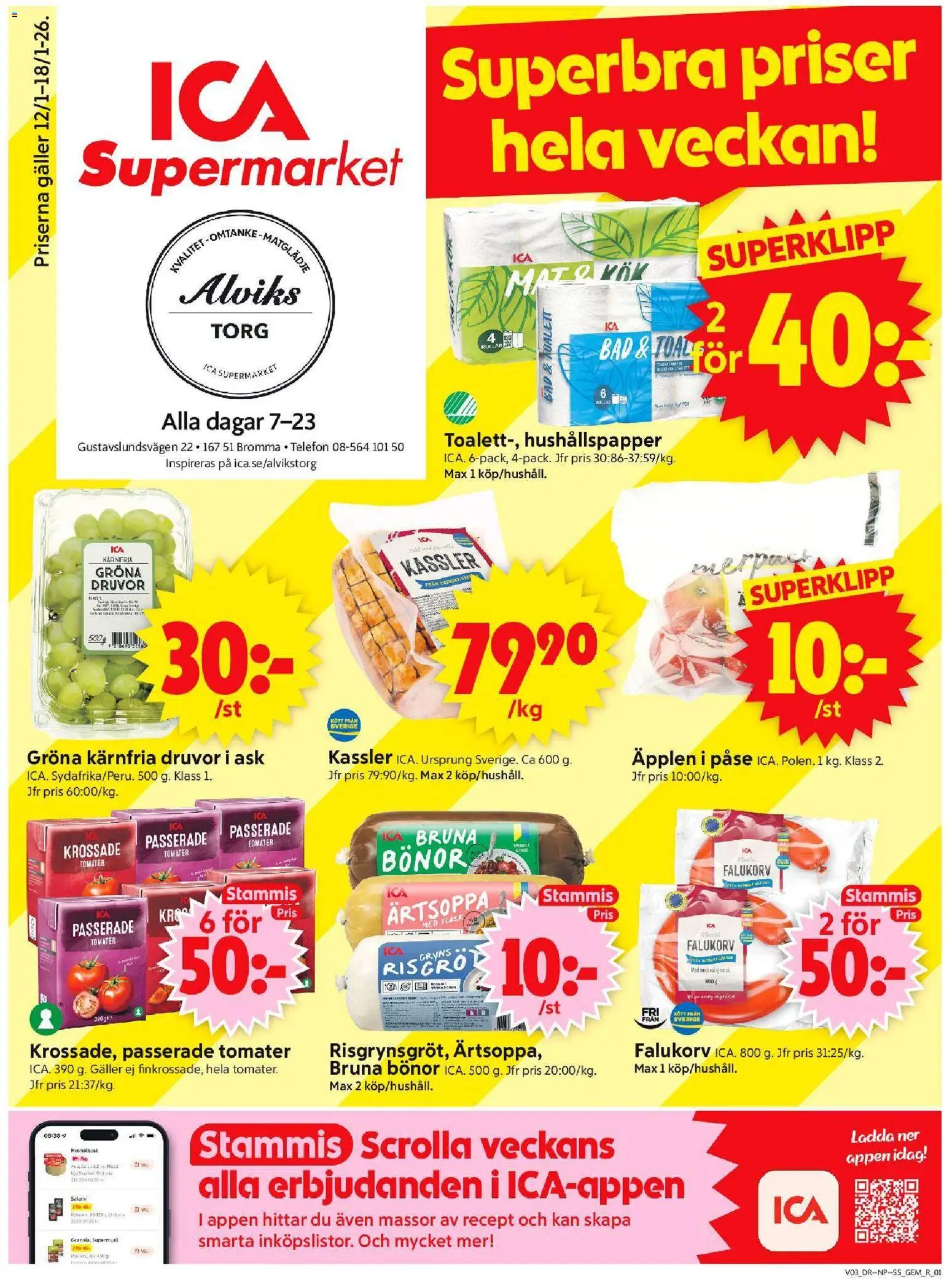 ICA Supermarket reklamblad aktuell från 12.01.2026 | Sida: 1 | Produkter: Krossade tomater, Galler, Äpplen, Tomater