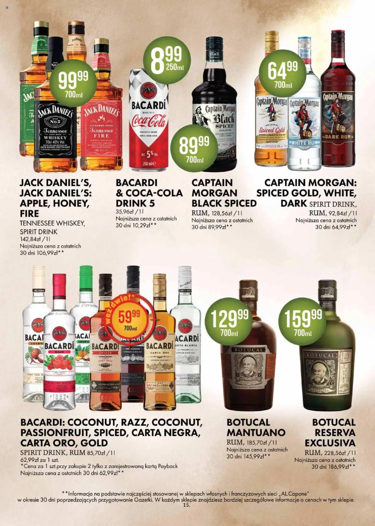 Al.Capone Gazetka od 11.08.2025 | Strona: 15 | Produkty: Karta, Jack Daniel's, Rum, Finish