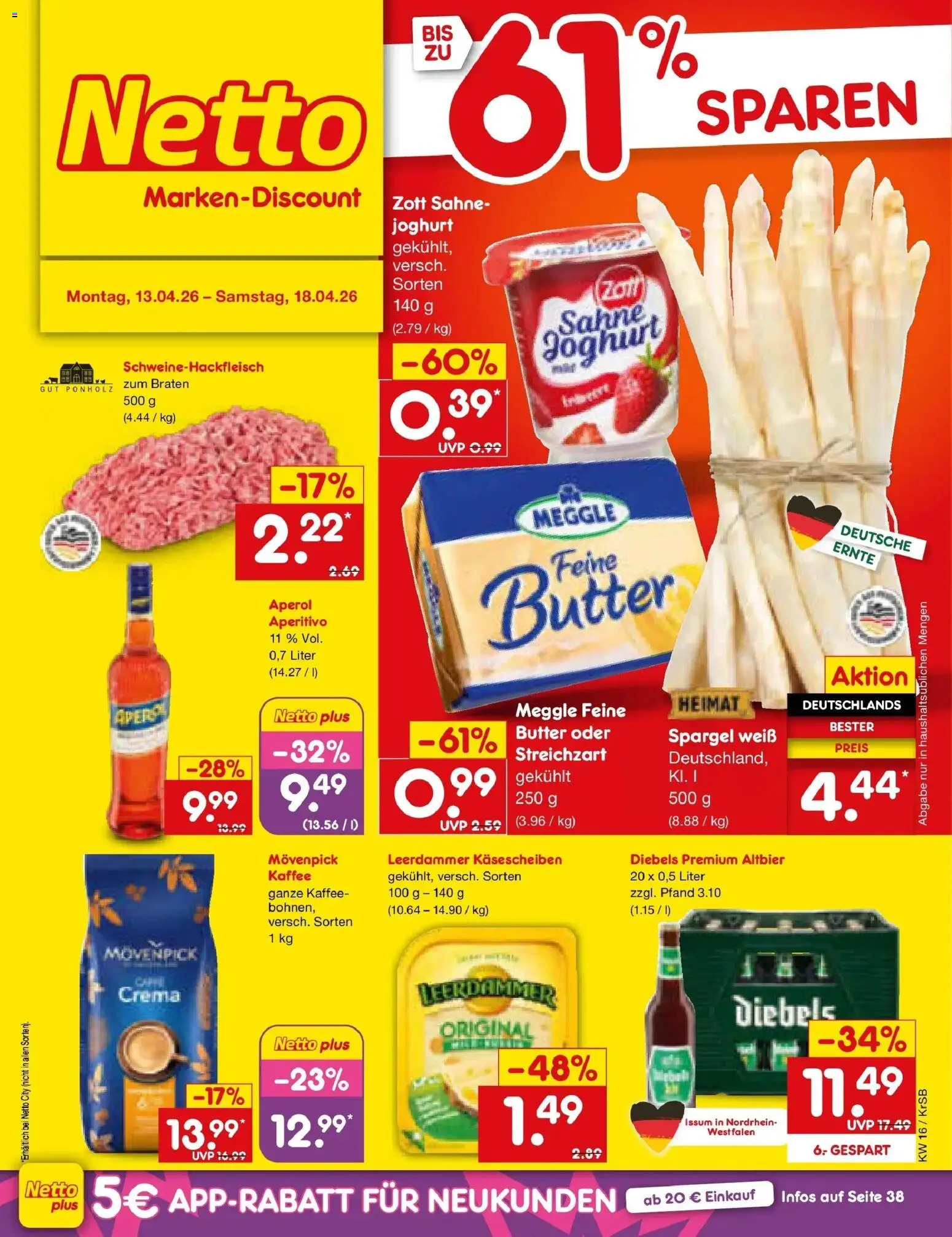 Netto Marken-Discount Prospekt Jüchen	 – gültig ab 13.04.2026 | Seite: 1 | Produkte: Joghurt, Kaffee, Diebels, Sahne