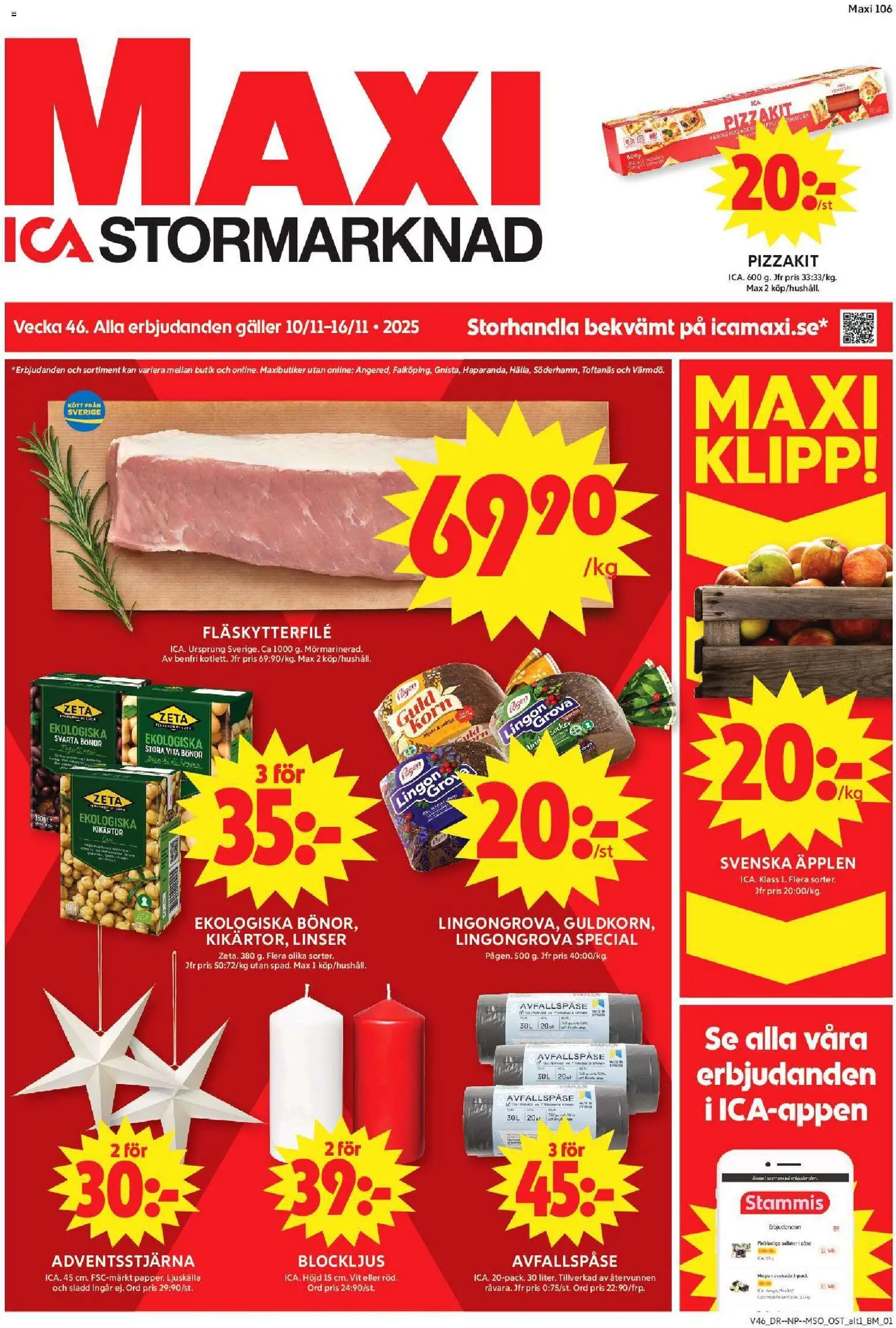 ICA Maxi reklamblad aktuell från 10.11.2025 | Sida: 1 | Produkter: Linser, Kikärtor, Sladd, Äpplen