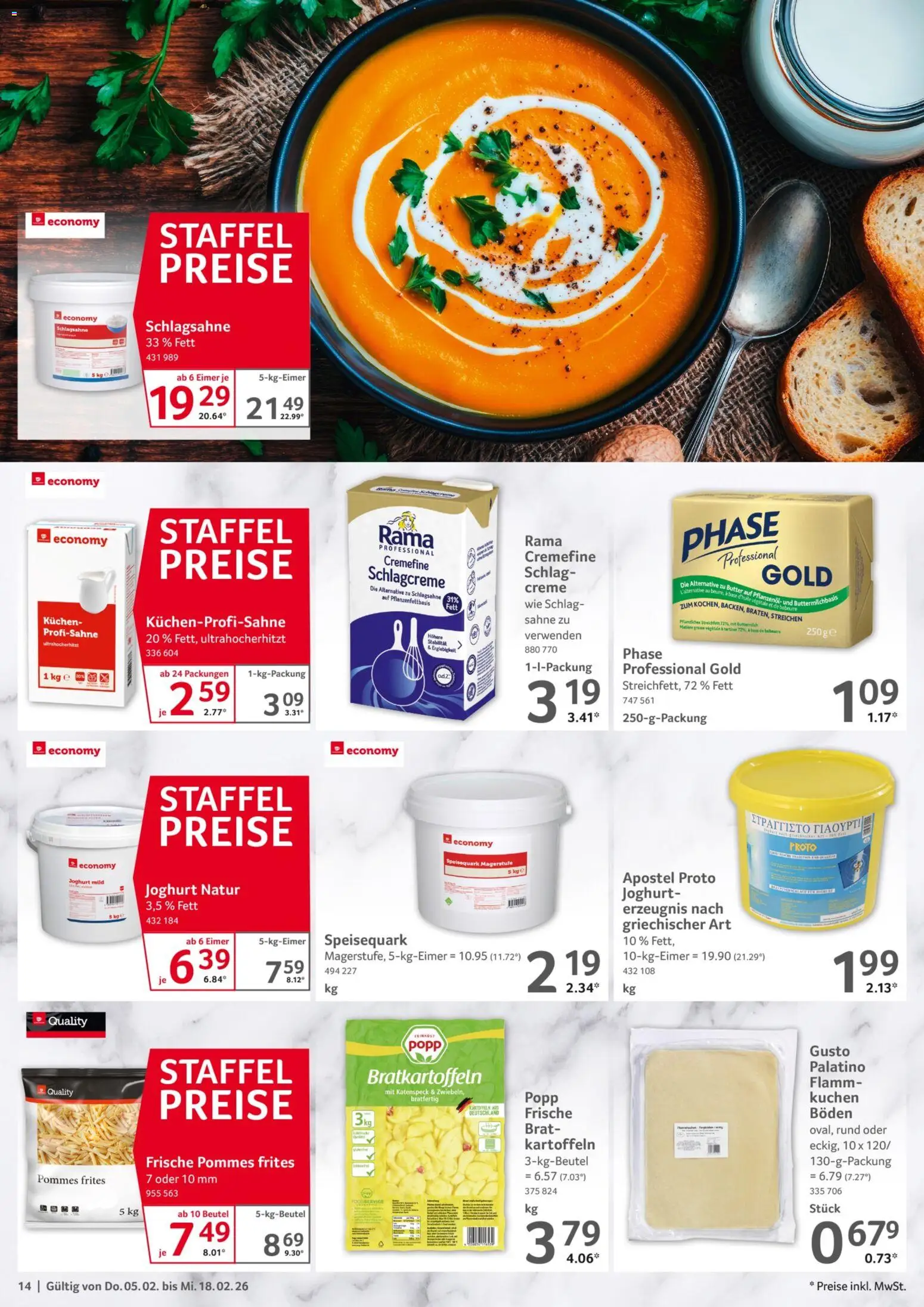 Selgros Gastronomie – gültig ab 05.02.2026 | Seite: 14 | Produkte: Buttermilch, Pommes, Sahne, Speisequark