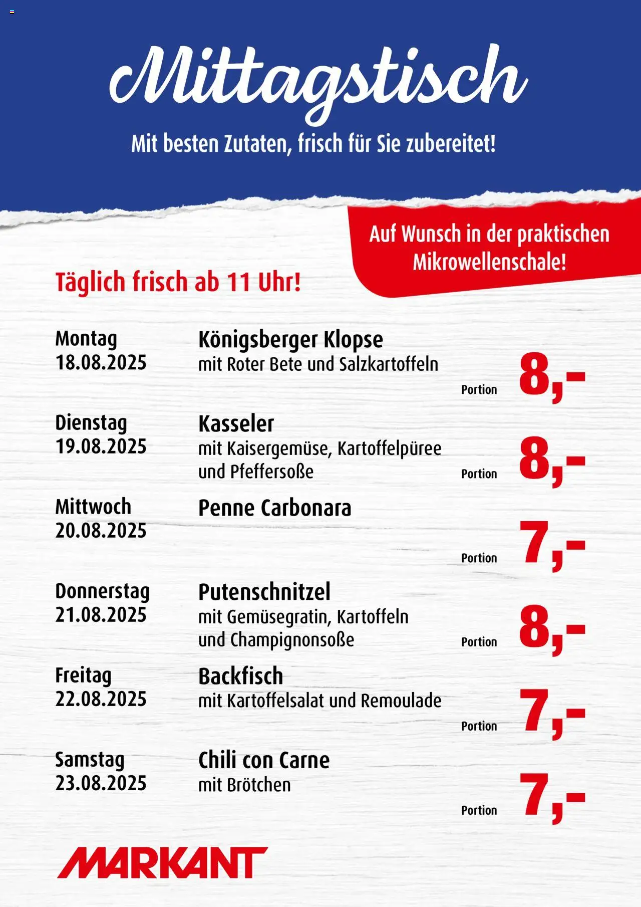 Markant Mittagstisch - gültig ab dem 18.08.2025 | Seite: 1 | Produkte: Kartoffeln, Putenschnitzel, Chili, Uhr