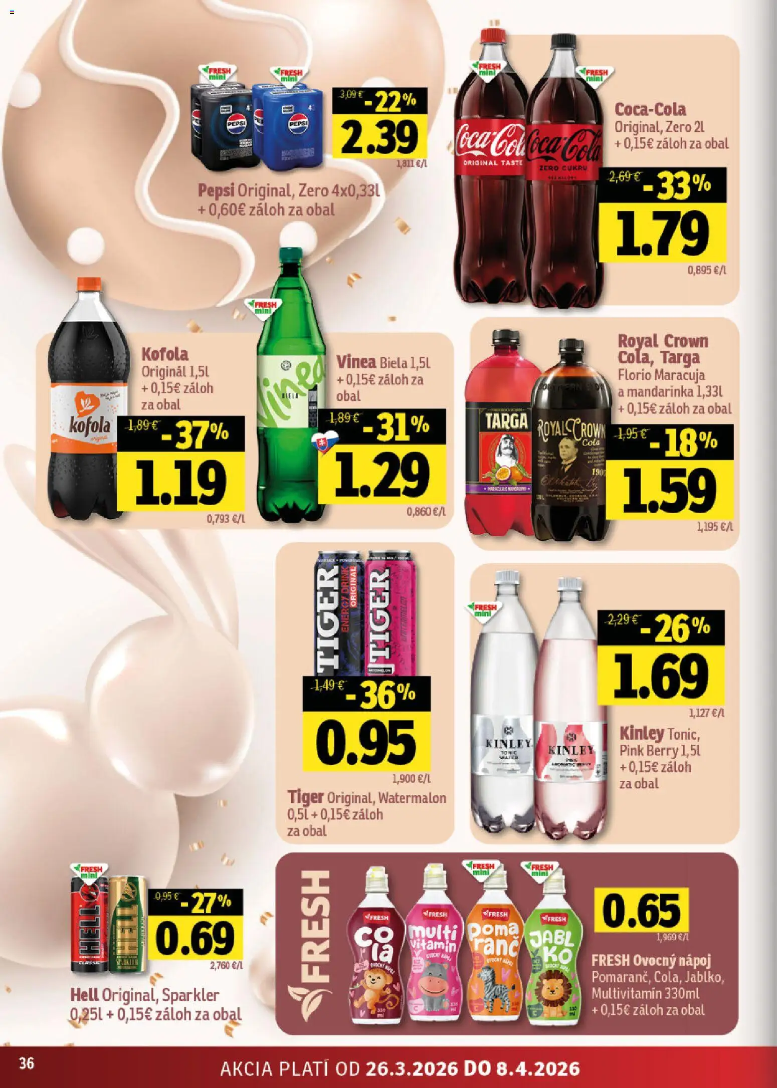 Nové Fresh akcie – leták je platný od 26.03.2026 | Strana: 36 | Produkty: Kofola, Pepsi, Cola, Vinea