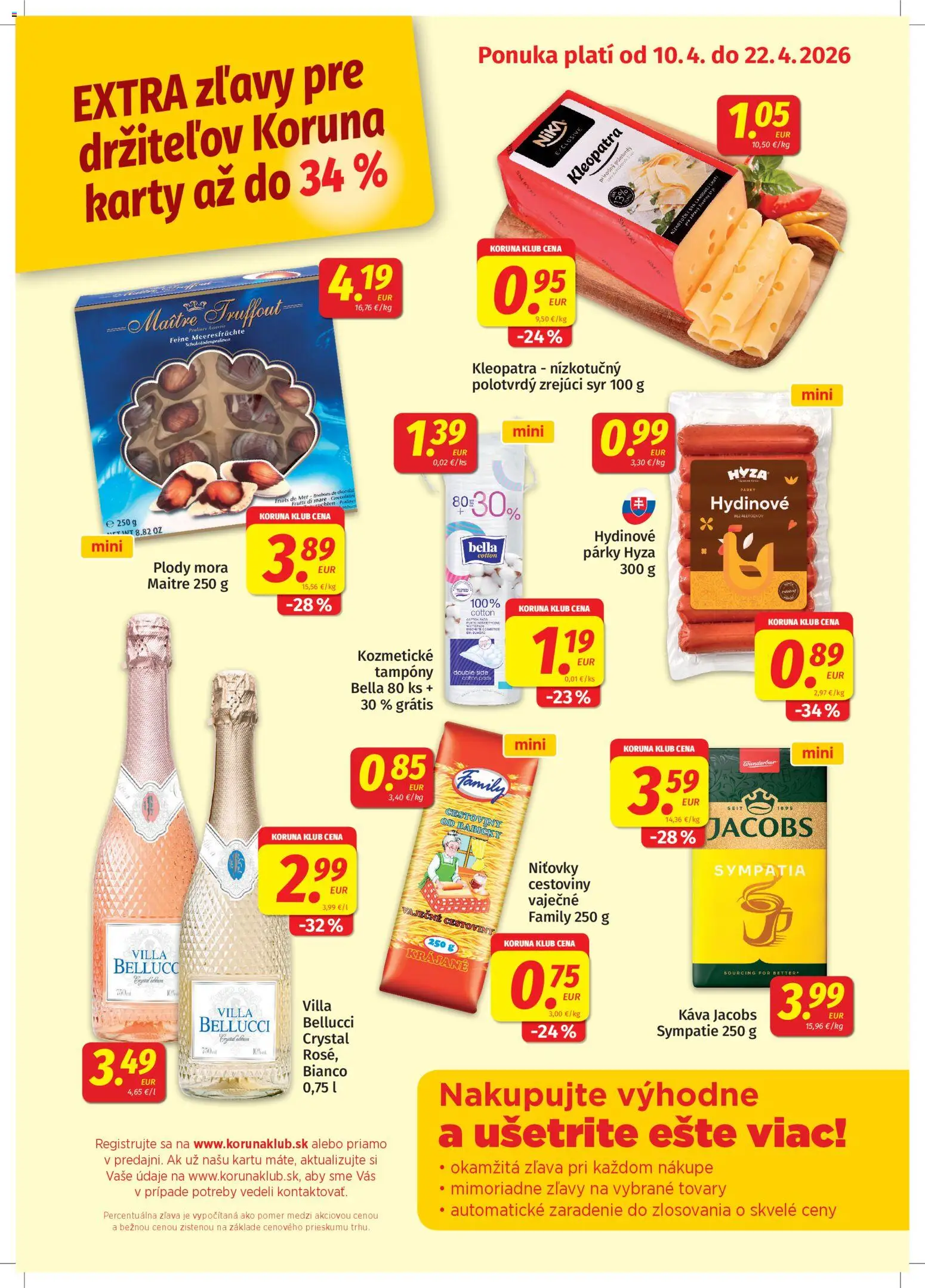 Nové Koruna akcie – leták je platný od 10.04.2026 | Strana: 1 | Produkty: Syr, Káva, Cestoviny, Párky