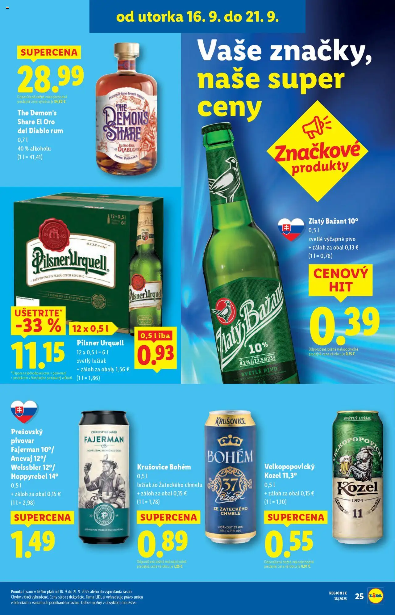 Nové Lidl akcie – leták je platný od 16.09.2025 | Strana: 25 | Produkty: Pivo, Pilsner Urquell, Krušovice, Zlatý Bažant