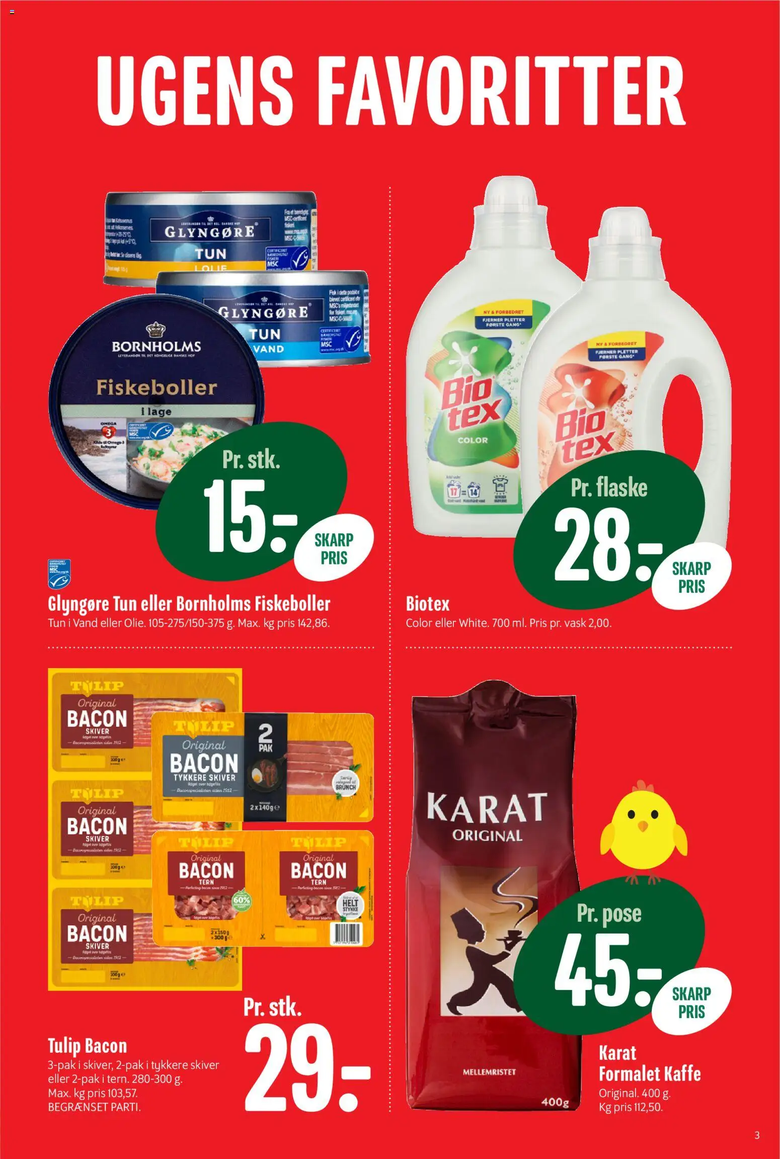 Min Købmand tilbudsavis – gyldig fra 13.03.2026 | Side: 3 | Produkter: Kaffe, Fisk, Tun, Bacon