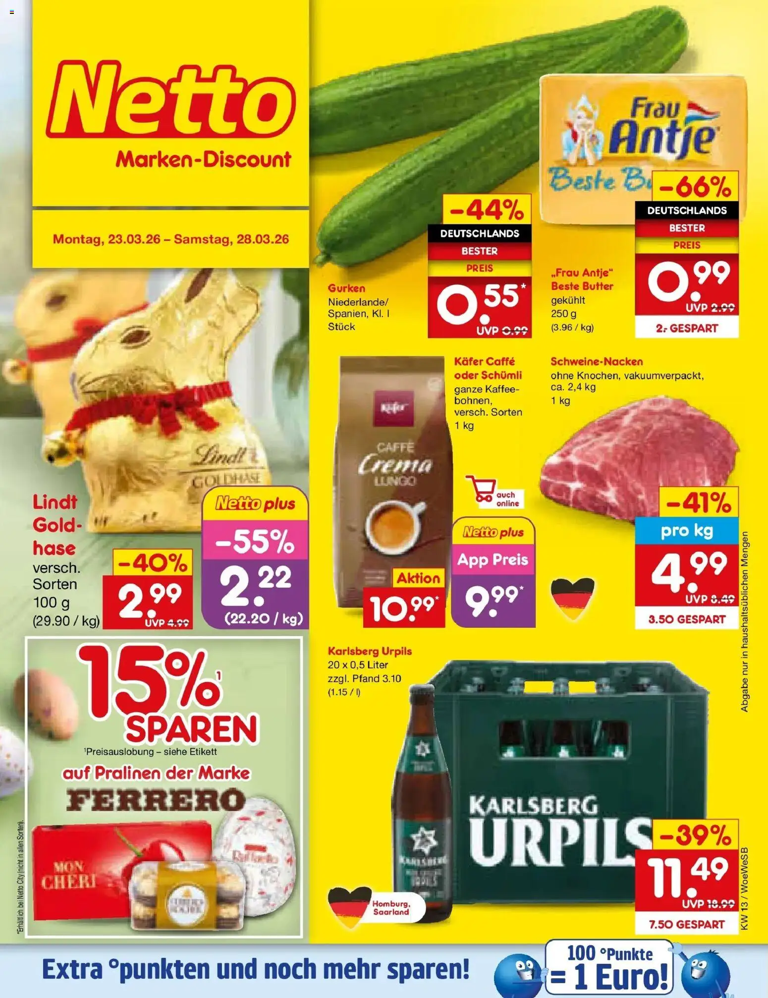 Netto Marken-Discount Prospekt Katzweiler	 – gültig ab 23.03.2026 | Seite: 1 | Produkte: Butter, Kaffee, Lindt, Gurken