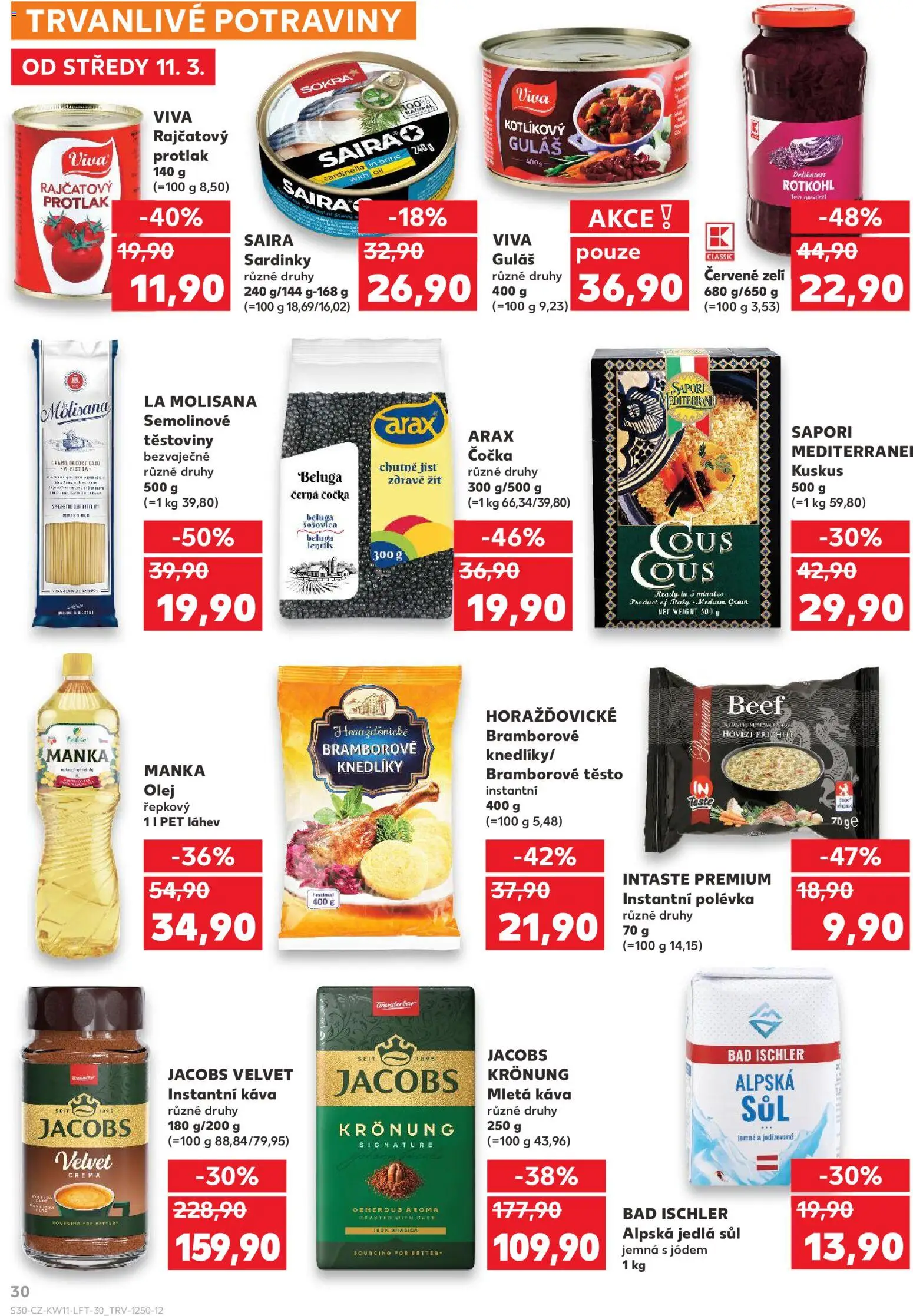 Kaufland leták od 11.03.2026 | Strana: 30 | Produkty: Zelí, Mletá káva, Jacobs velvet, Semolinové těstoviny