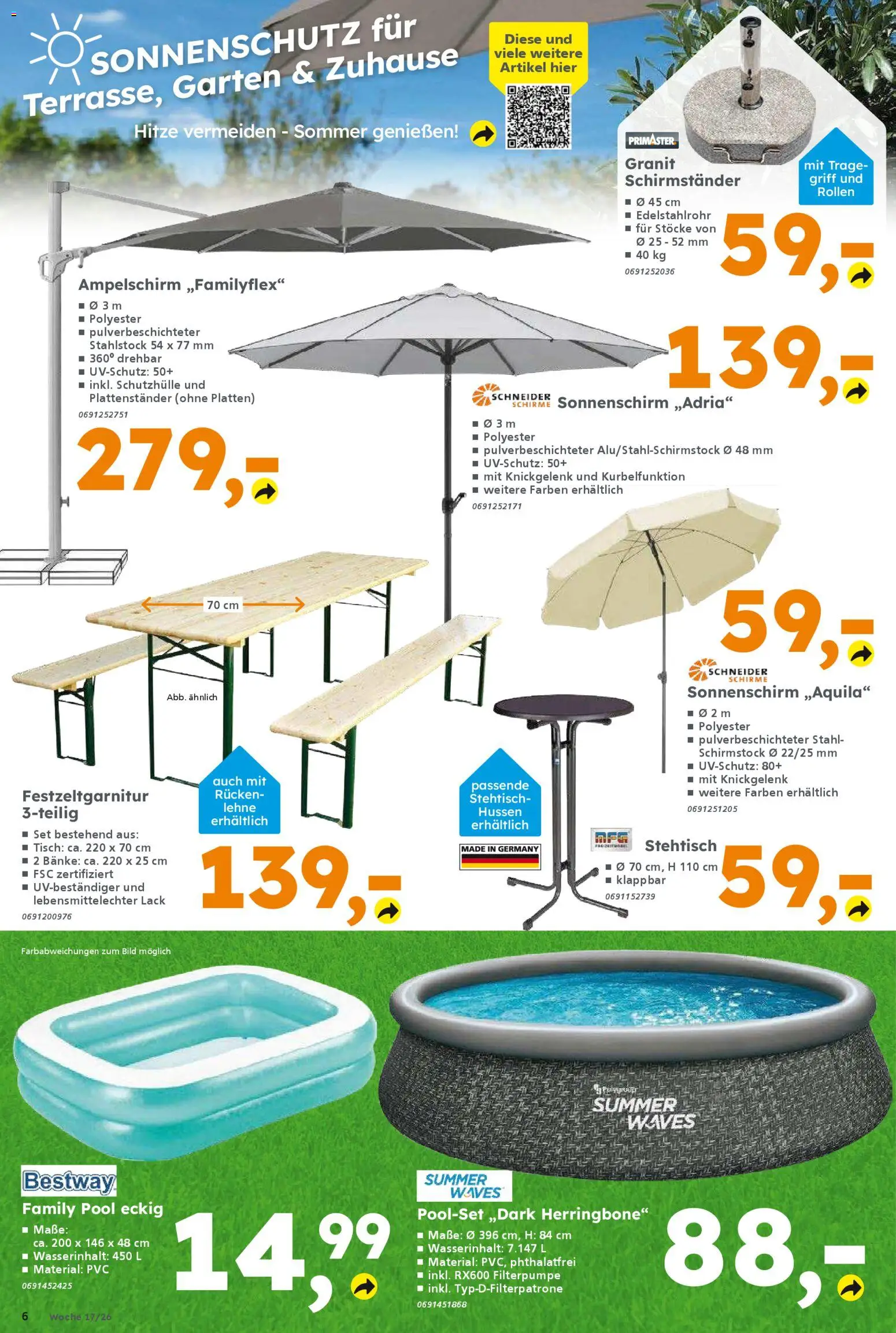 Globus Baumarkt Prospekt Berlin-Treptow	 – gültig ab 20.04.2026 | Seite: 6 | Produkte: Tisch, Schirmständer, Sonnenschirm