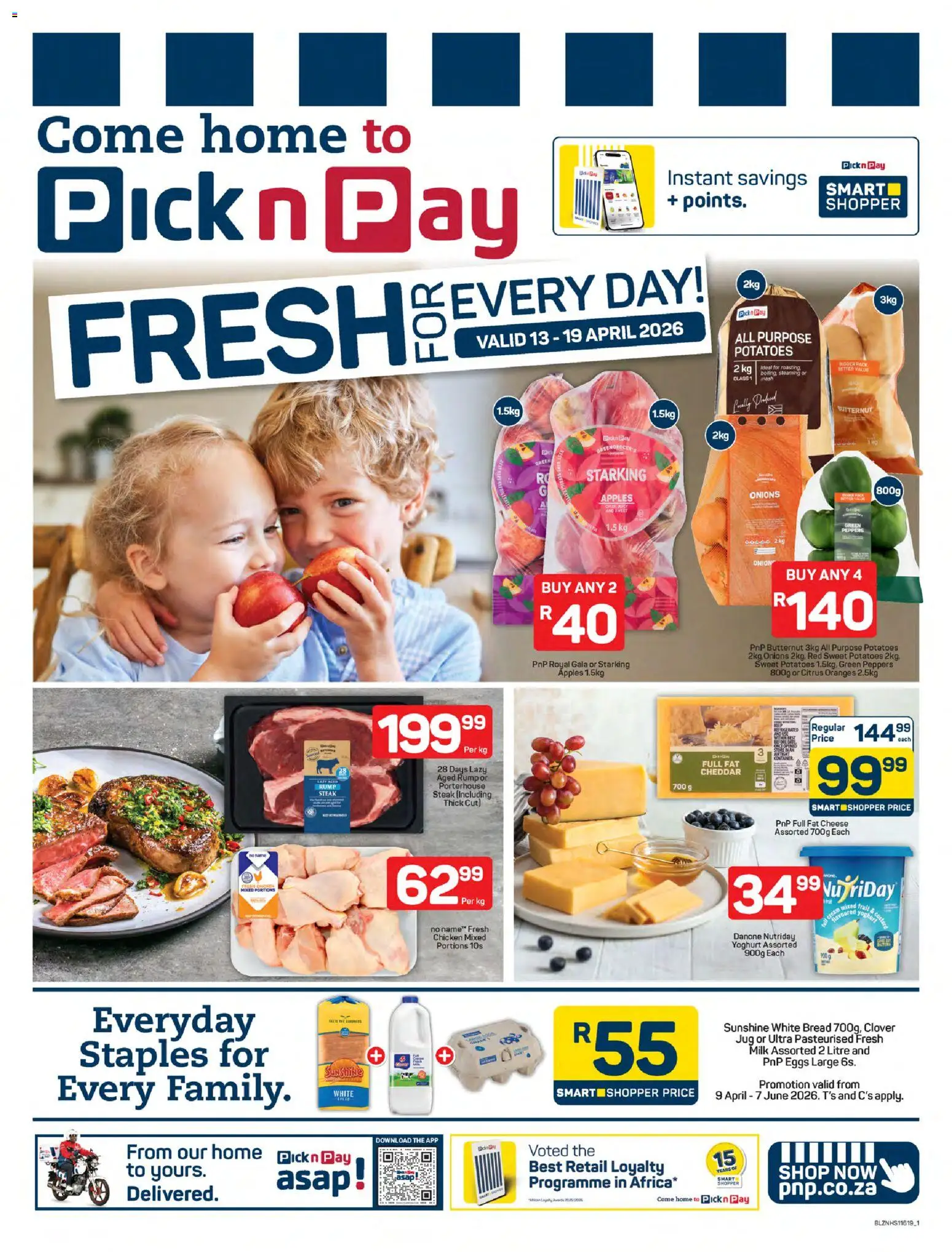 New Pick n Pay catalogue – valid from 13.04.2026 | Page: 1 | Products: Steak, Eggs, Apples, Onions
