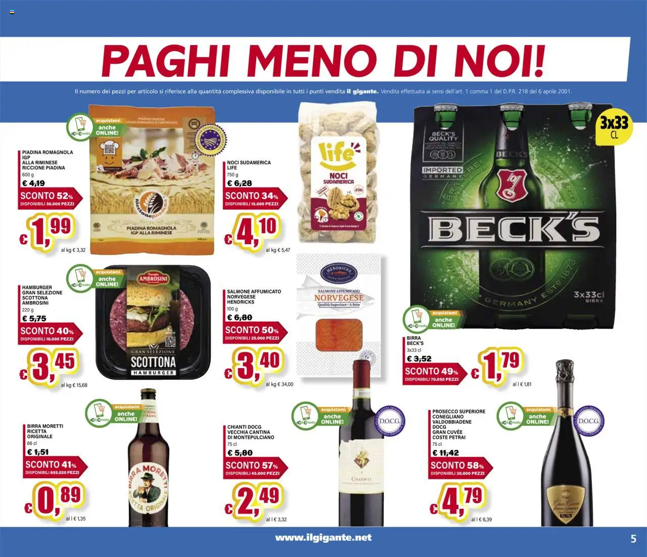 Volantino Il Gigante del 02.10.2025 | Pagina: 5 | Prodotti: Salmone, Prosecco, Noci, Birra Moretti