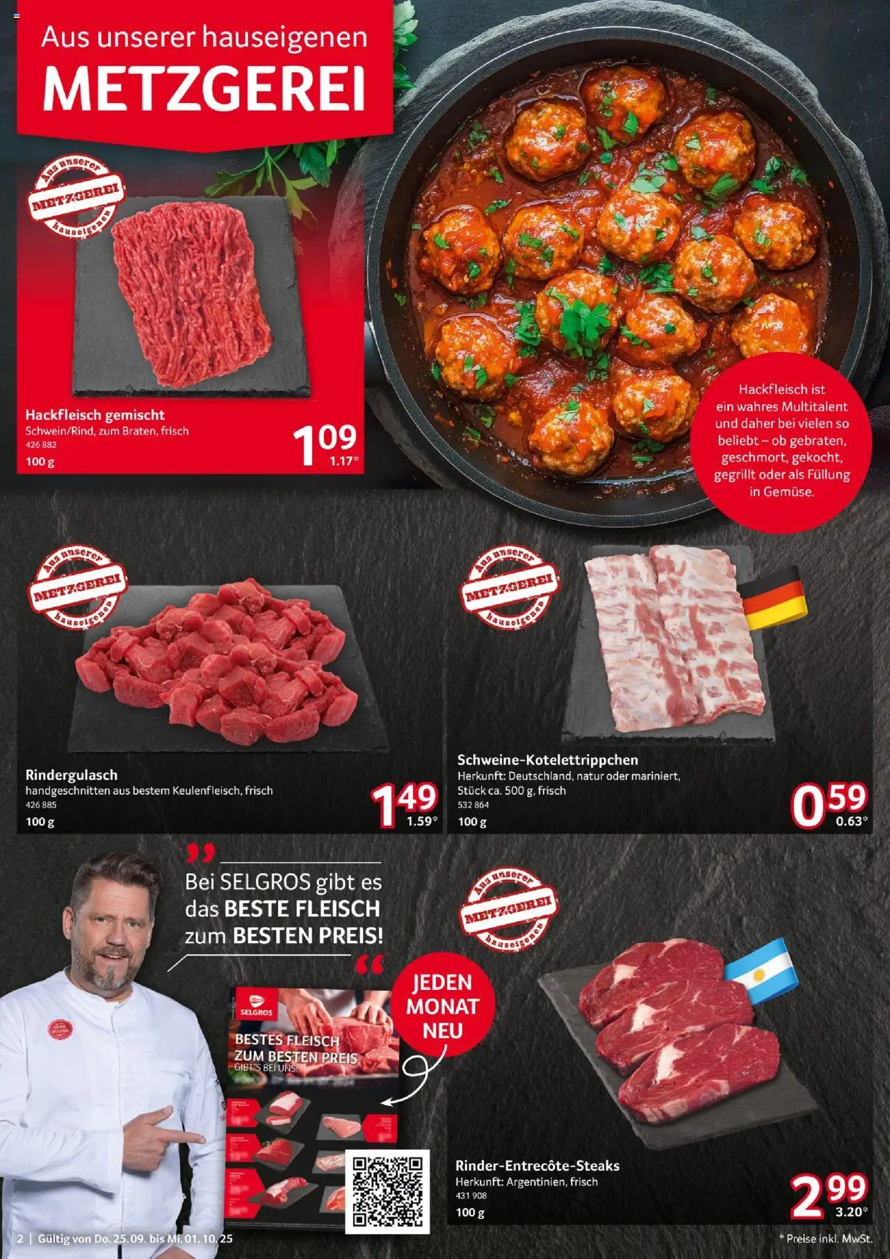 Selgros Prospekt 	 – gültig ab 25.09.2025 | Seite: 2 | Produkte: Rindergulasch, Fleisch, Hackfleisch
