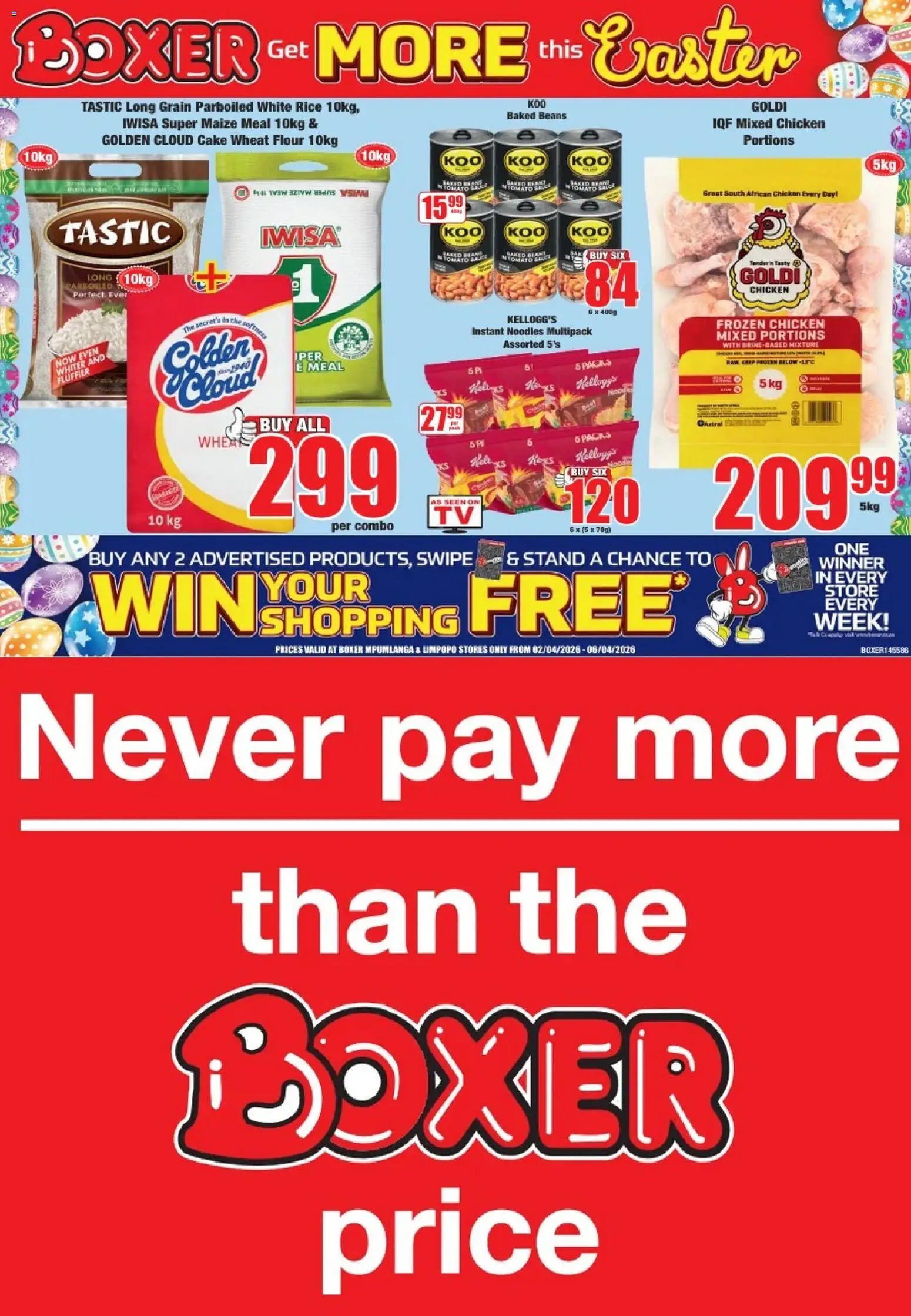 New Boxer catalogue – valid from 02.04.2026 | Page: 1 | Products: Cake, Beans, Baked beans, Chicken