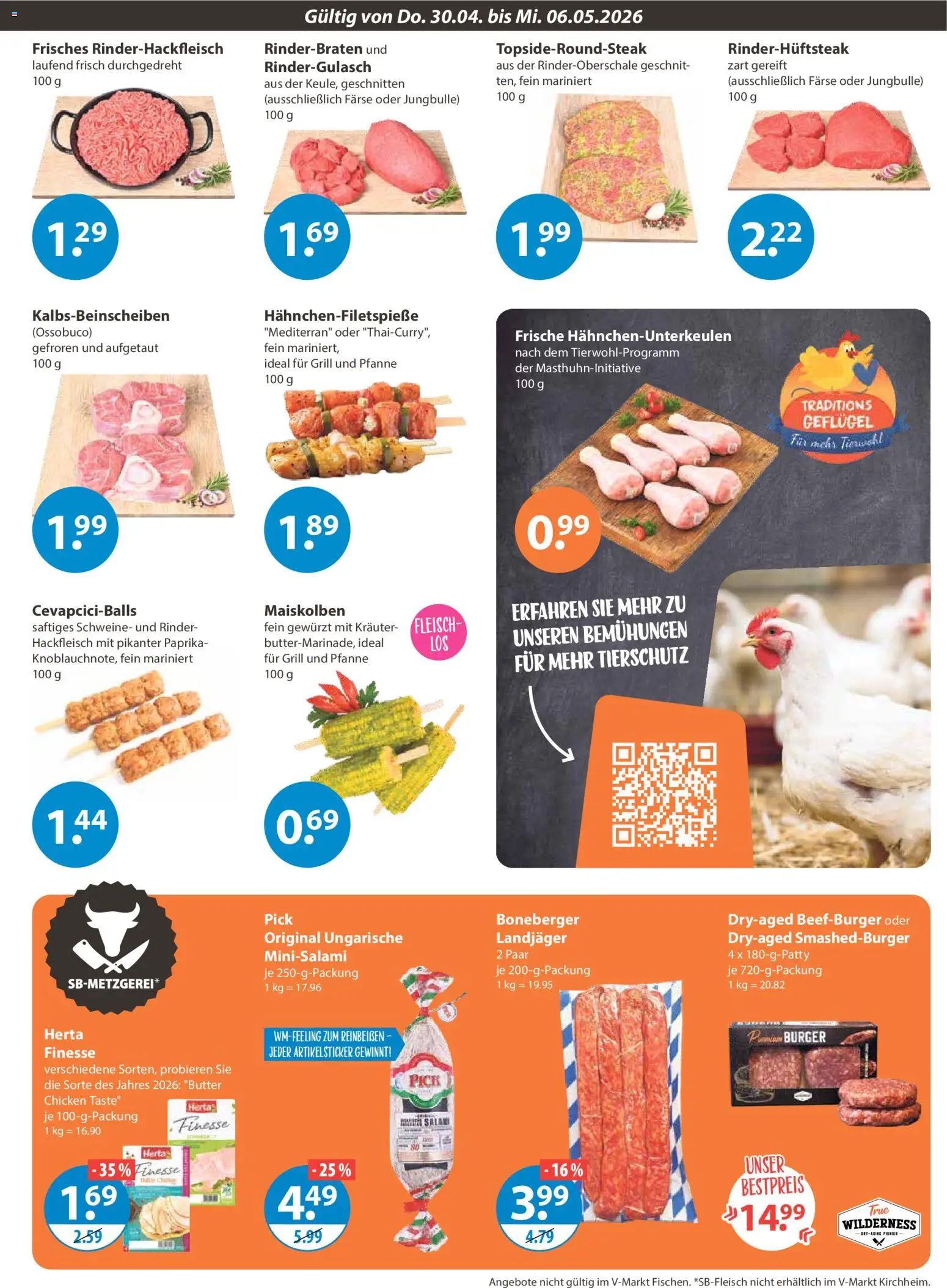 V-Markt Schwaben / Oberbayern – gültig ab 30.04.2026 | Seite: 3 | Produkte: Rinderbraten, Burger, Salami, Hackfleisch