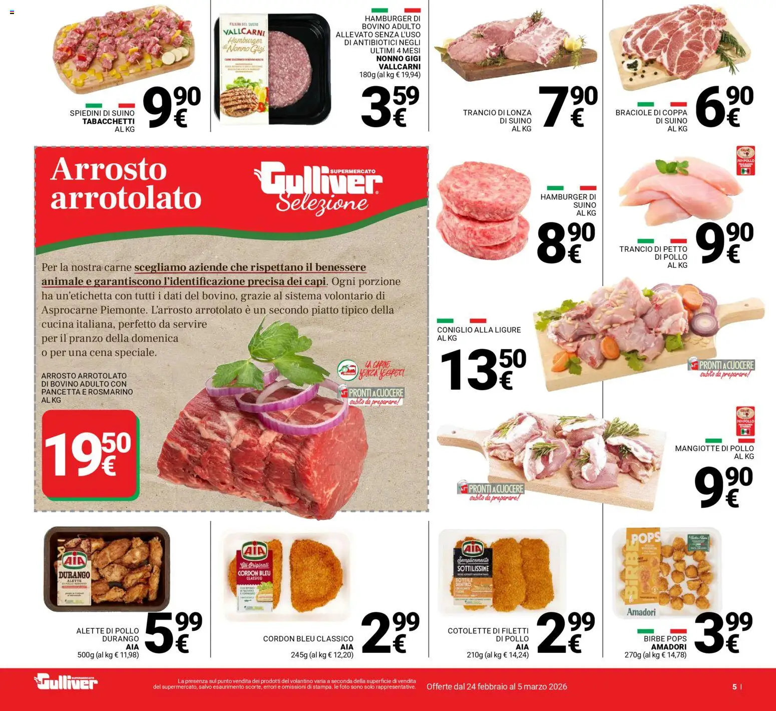 Volantino Gulliver del 24.02.2026 | Pagina: 5 | Prodotti: Bovino, Pancetta, Hamburger, Spiedini